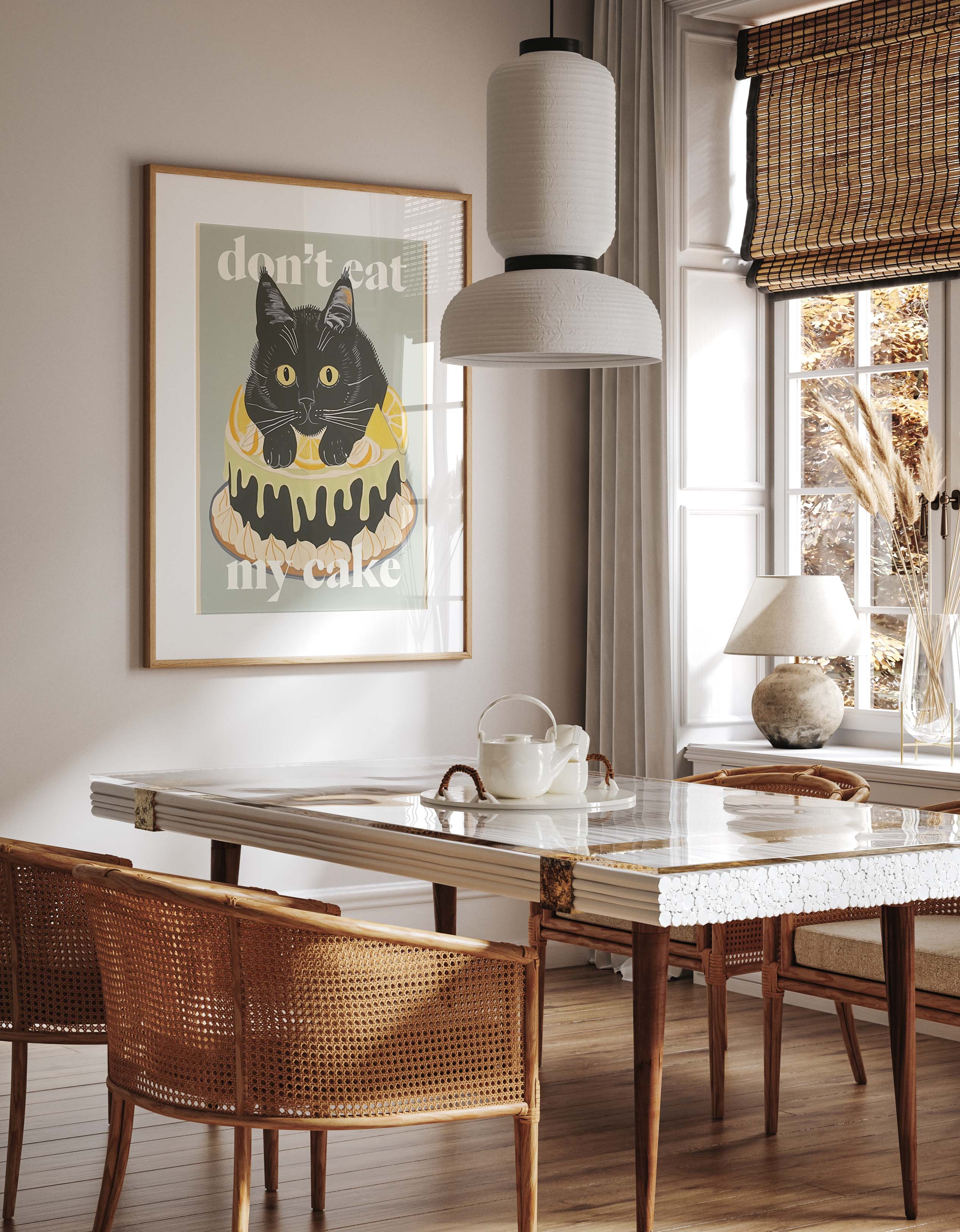Playful Black Cat Lemon Dessert Cake Art Print