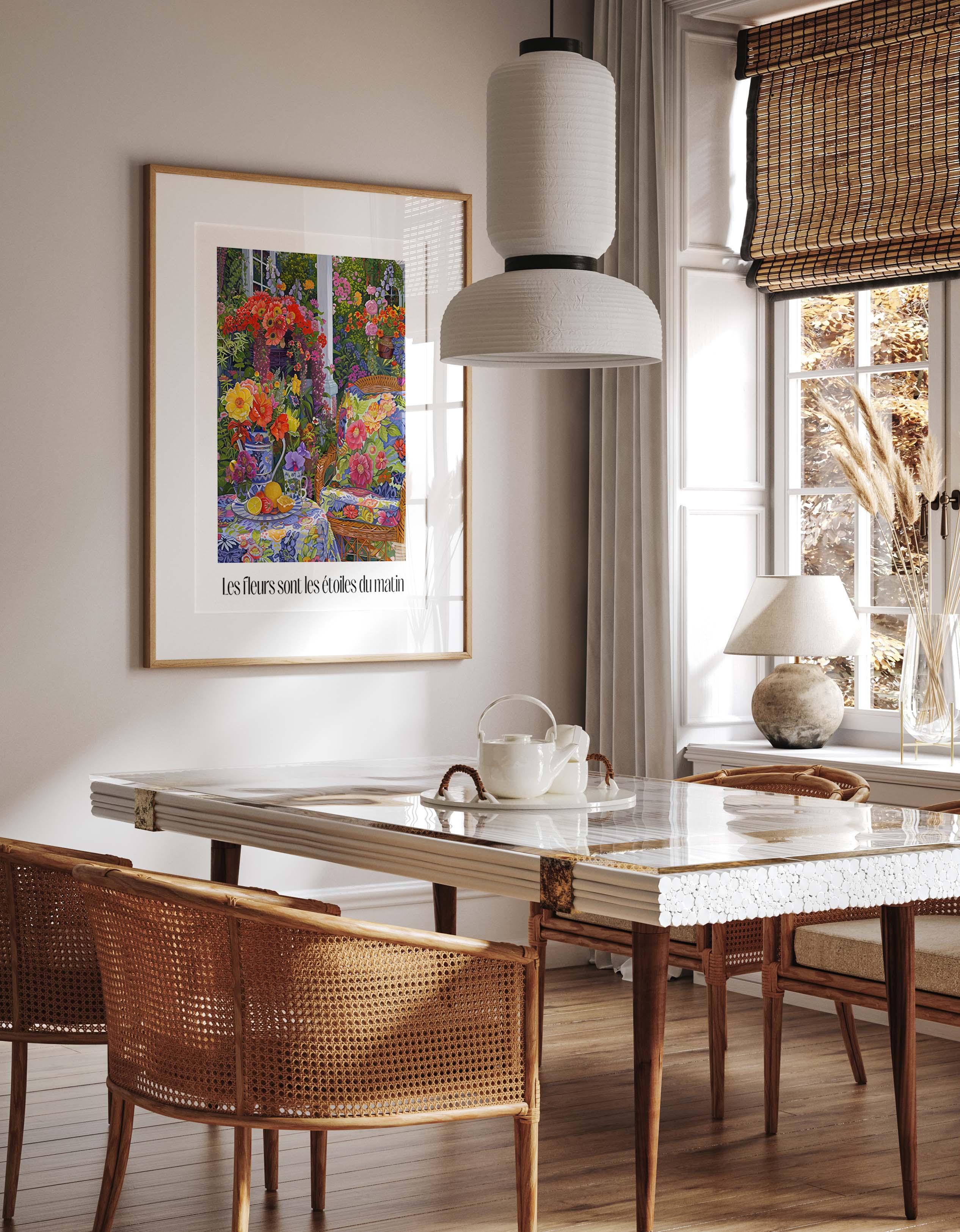 Vibrant Floral Garden Patio Morning Scene Print