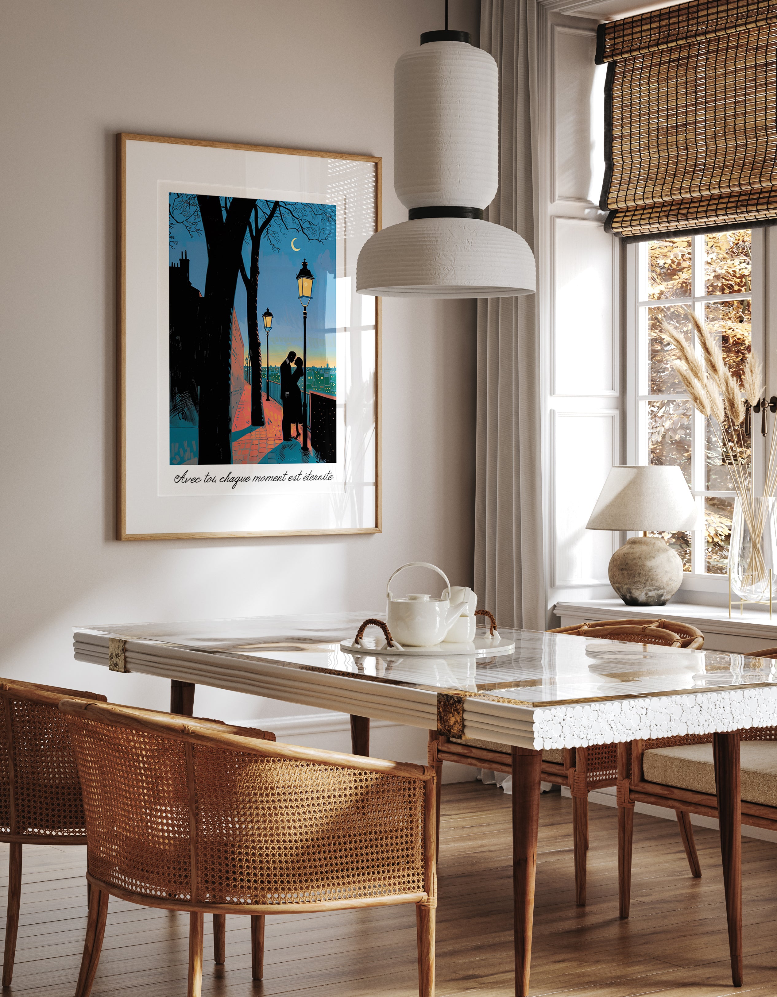 Romantic Lovers Under Moonlight Parisian Street Print