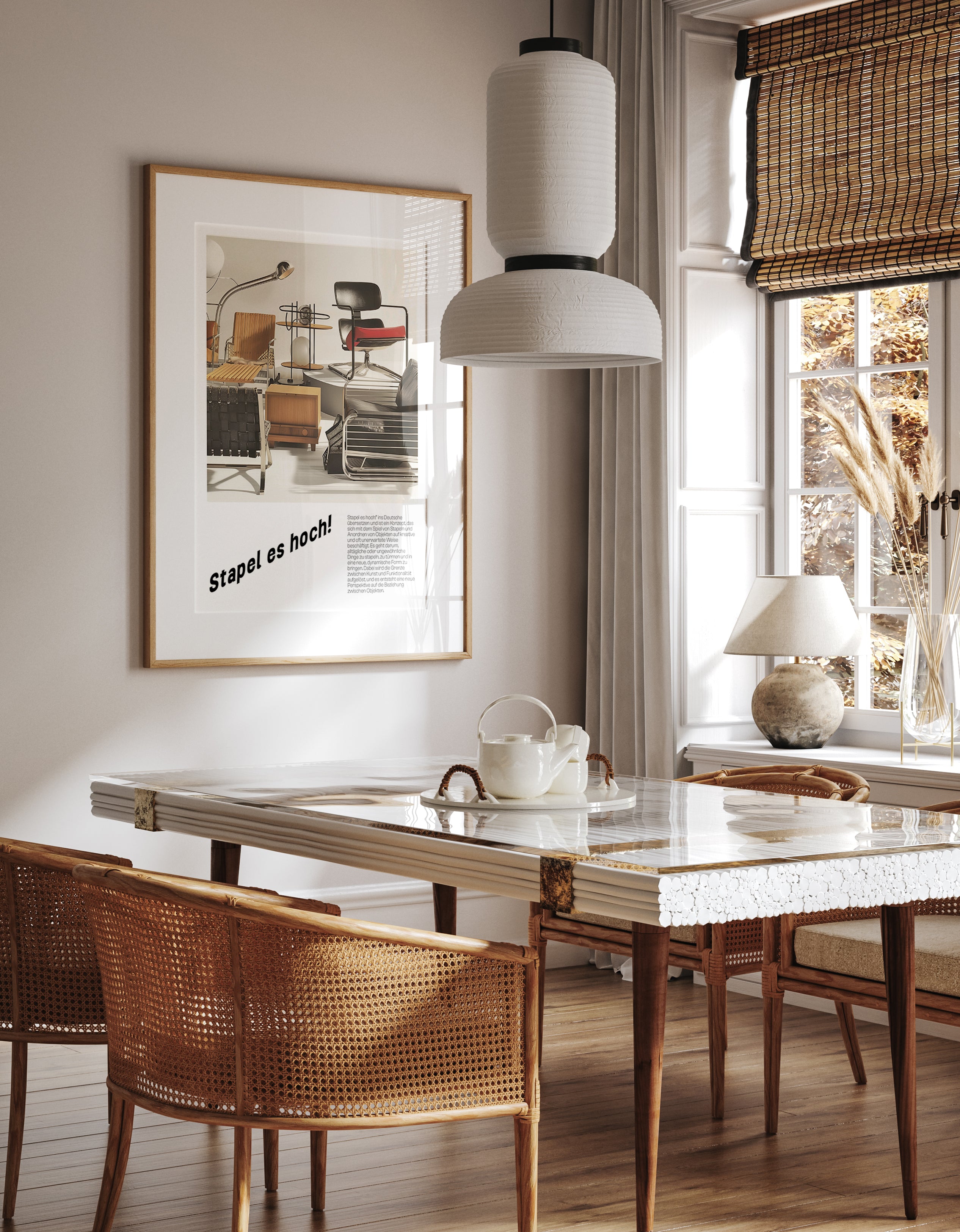 Stapel es hoch! Poster – Bauhaus-Inspired Composition of Stacked Modern Objects Print