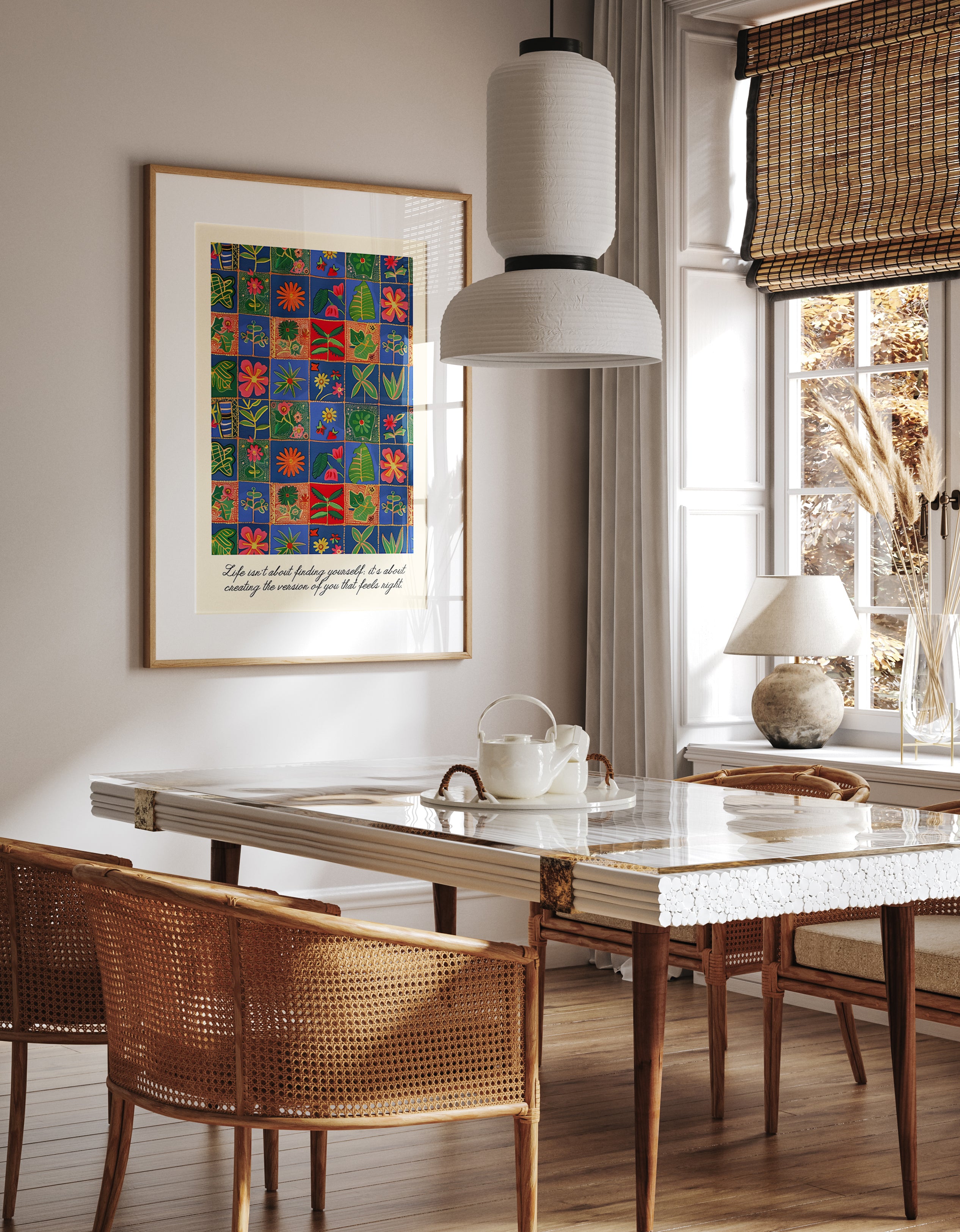 Botanical Embroidered Patchwork Grid Style Print