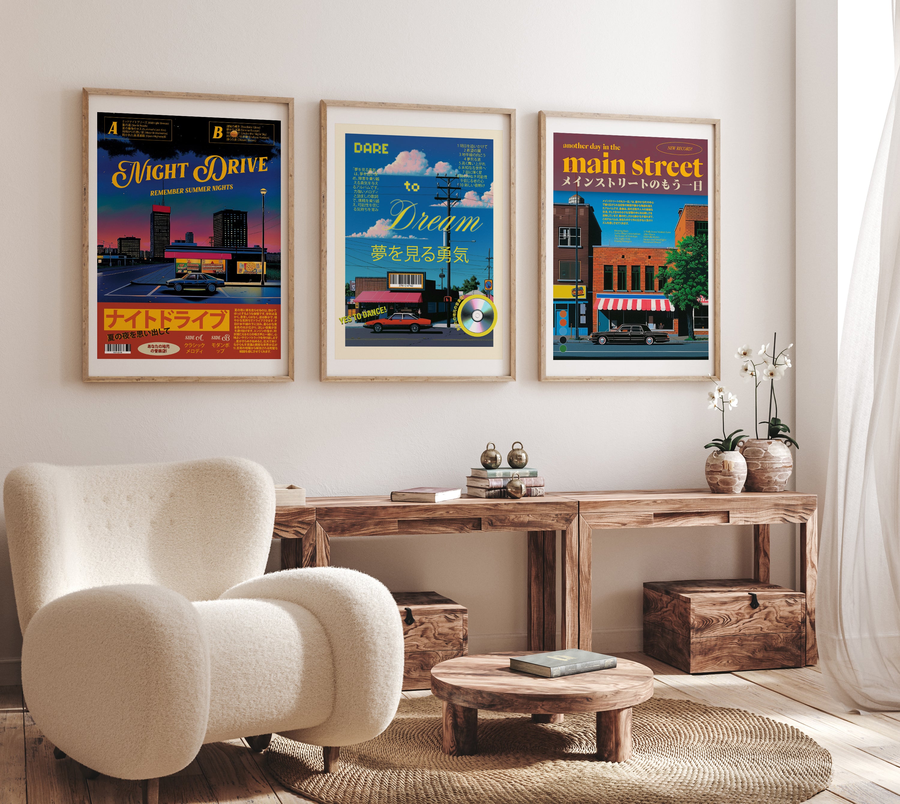 Retro Japanese Street Scene Car Poster Set of 3 Print