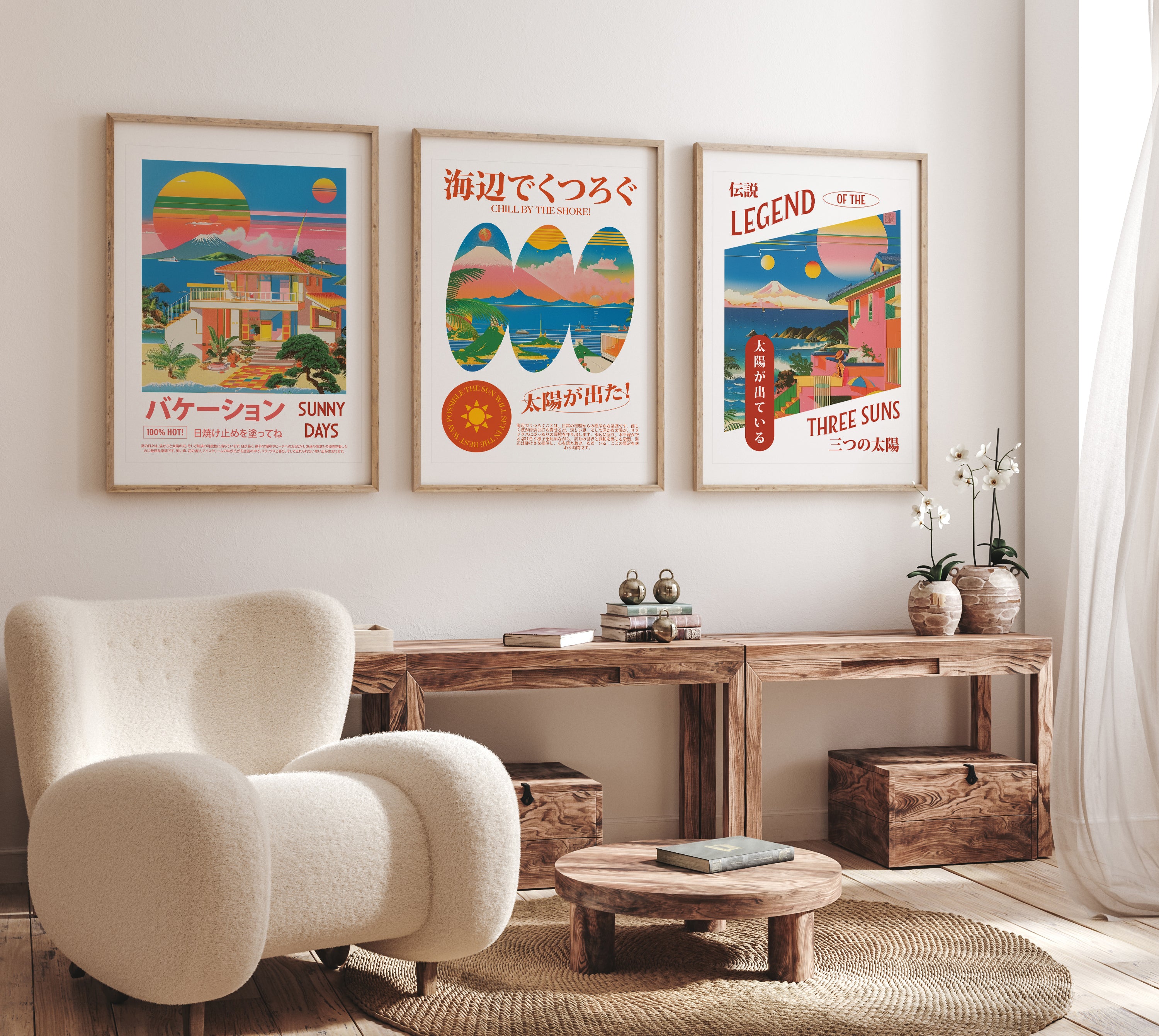 Colorful Tropical Japanese Summer Island Poster Set of 3 Print