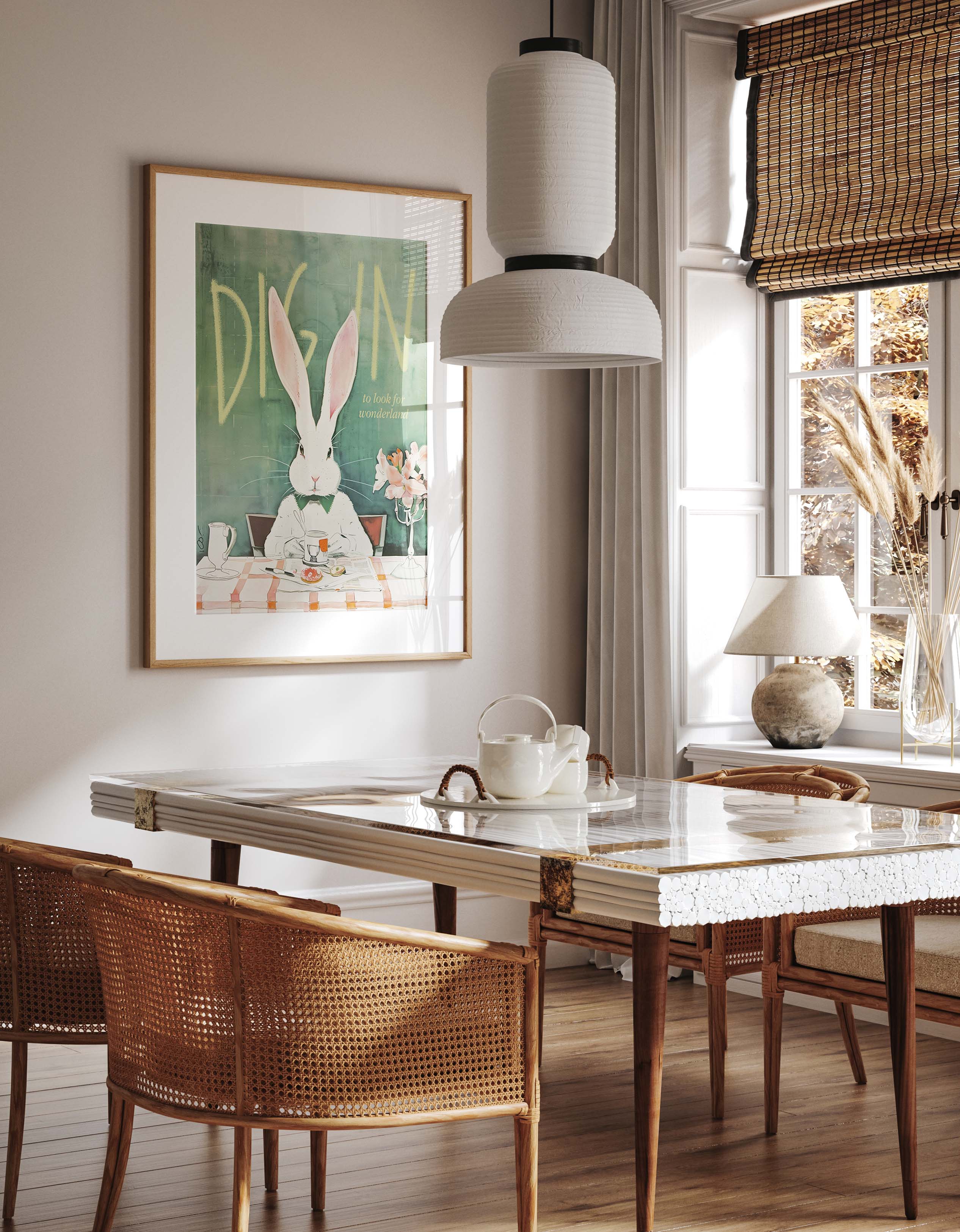 Whimsical White Rabbit Breakfast Print