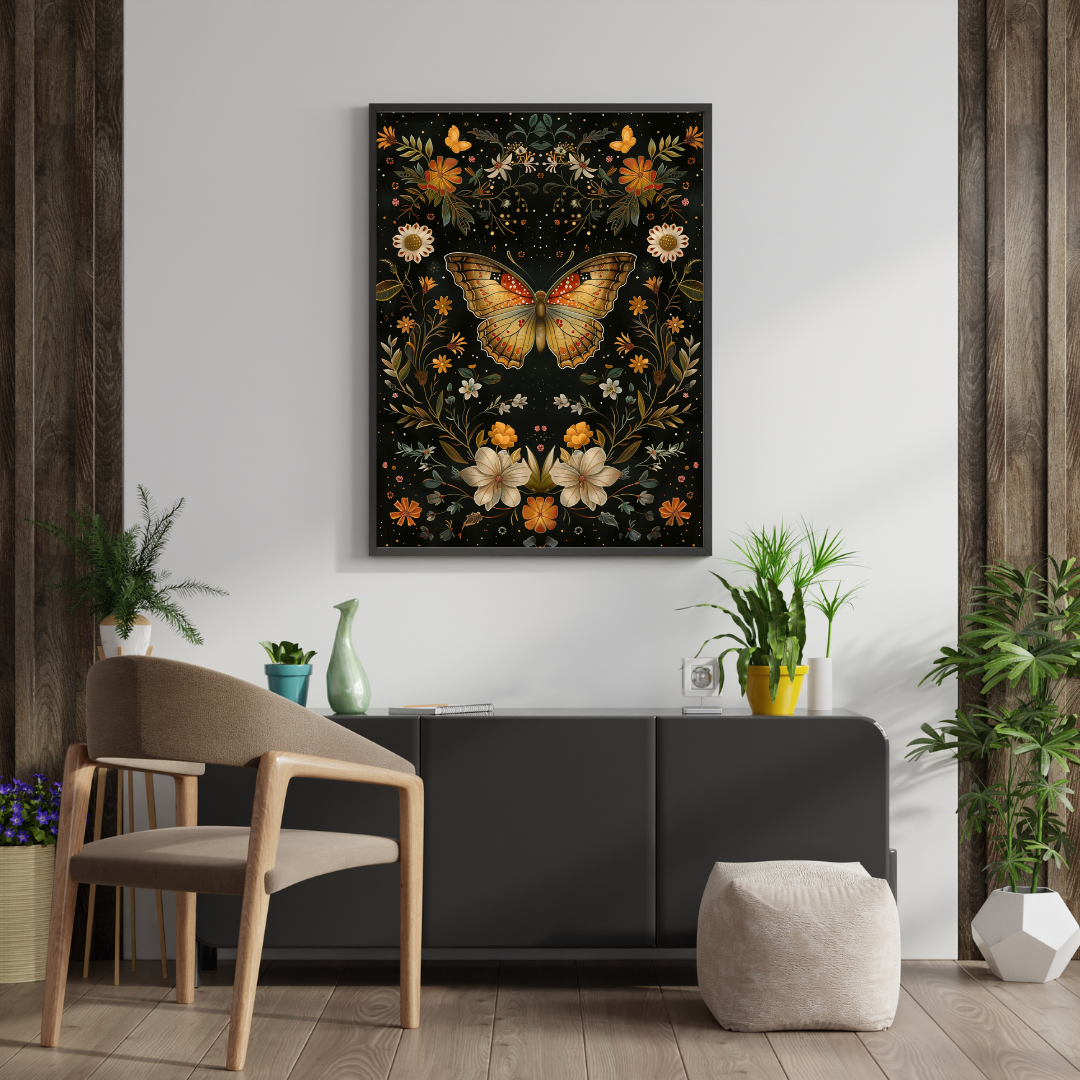 Impression d'art sur fond noir avec papillons et fleurs