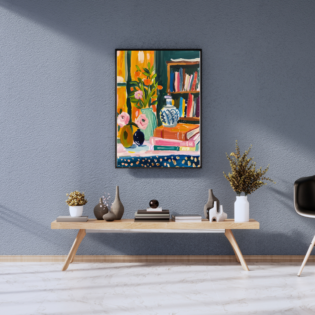 Vibrant Still Life Bookshelf Print