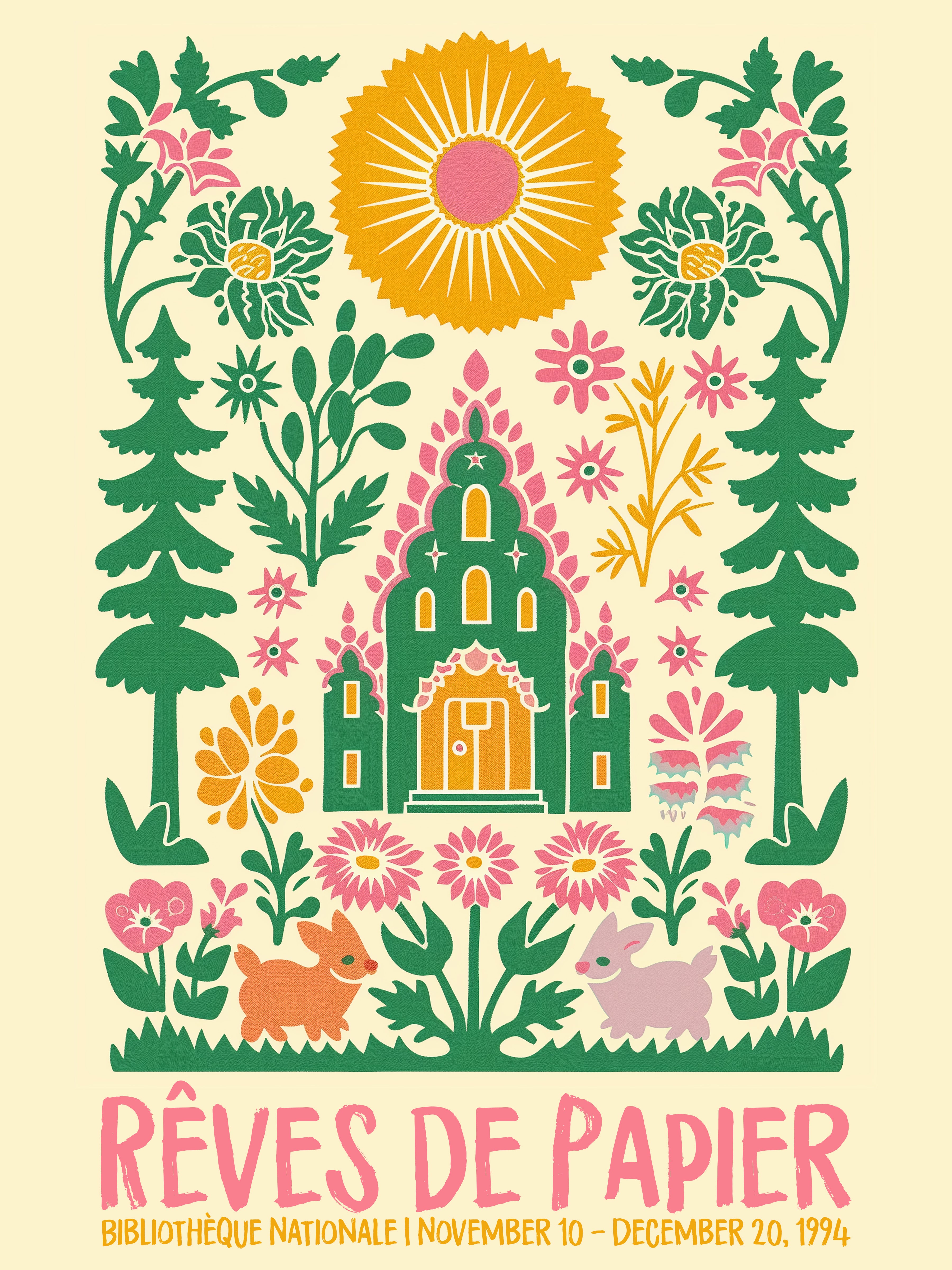 Colorful Floral and Animal Art Print - 1994 Rêves de Papier Exhibition Poster