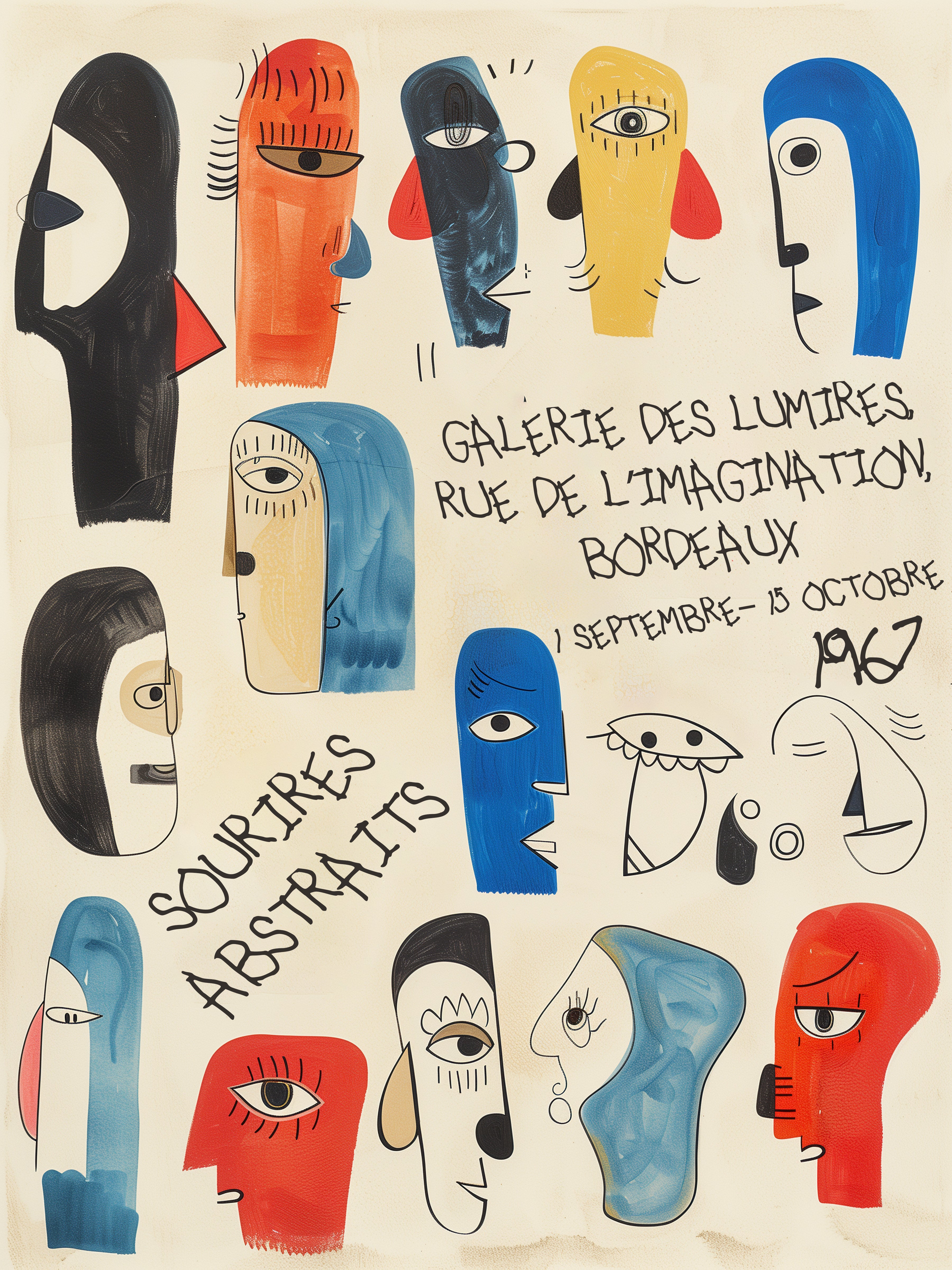 Abstract Faces Illustrations French Wall Decor - Galerie des Lumières Art Exhibition Poster Print
