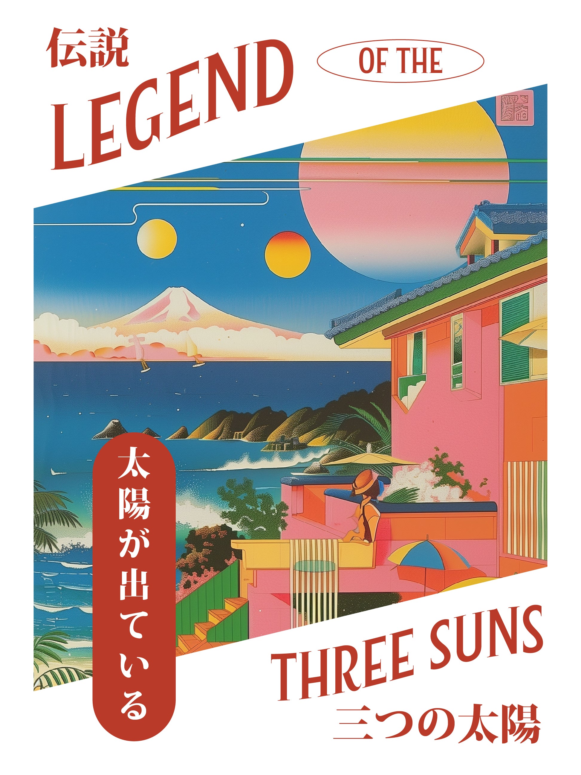 Three Suns over Japanese Coastline – Surreal Seaside Fantasy Wall Art Print