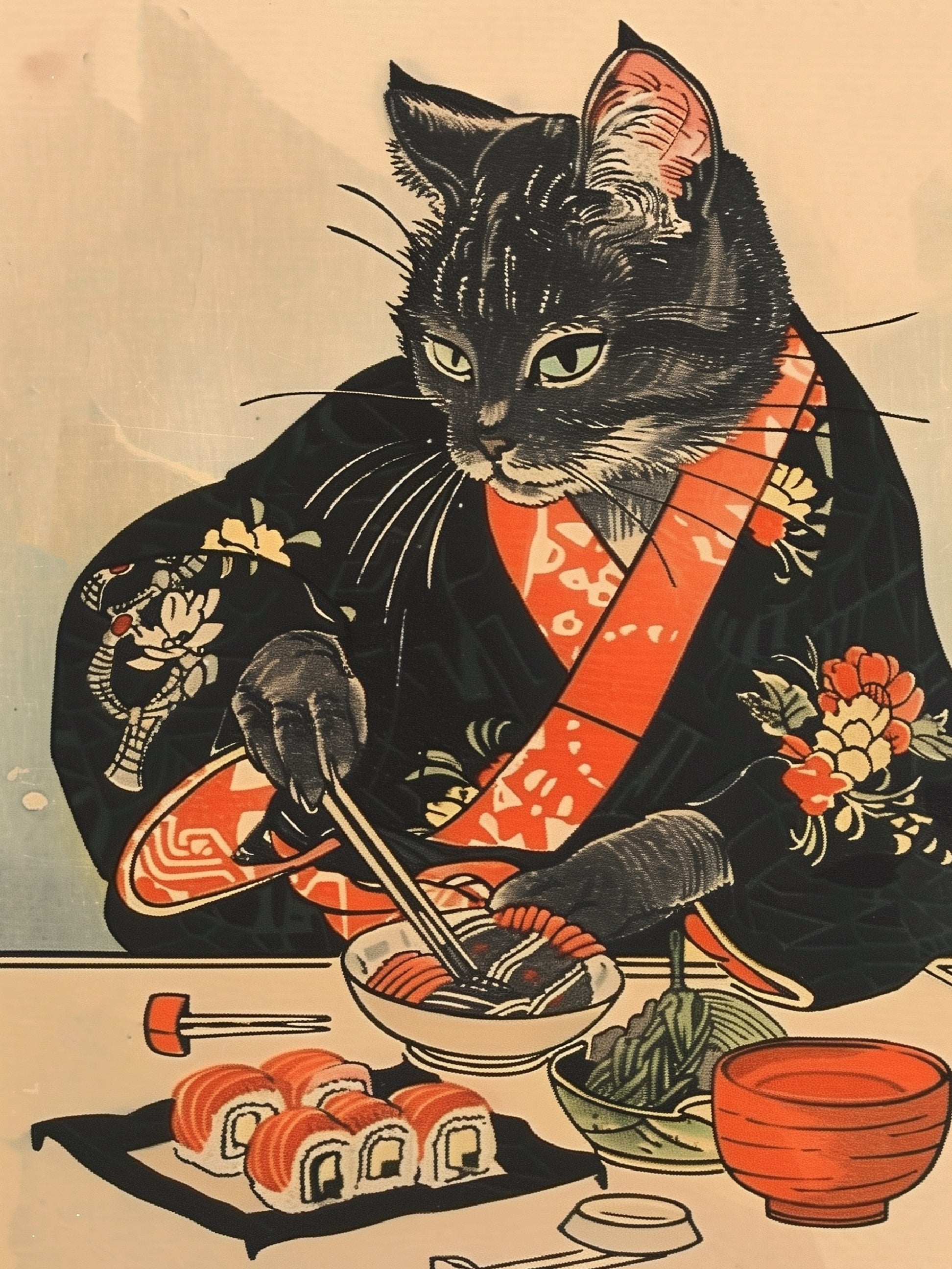 Japanese Ukiyo-e Cat Sushi Dining Art Print