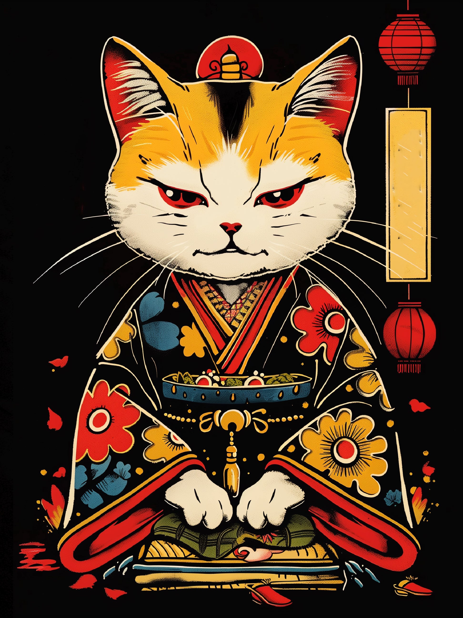 Japanese Samurai Cat Warrior Kimono Art Print