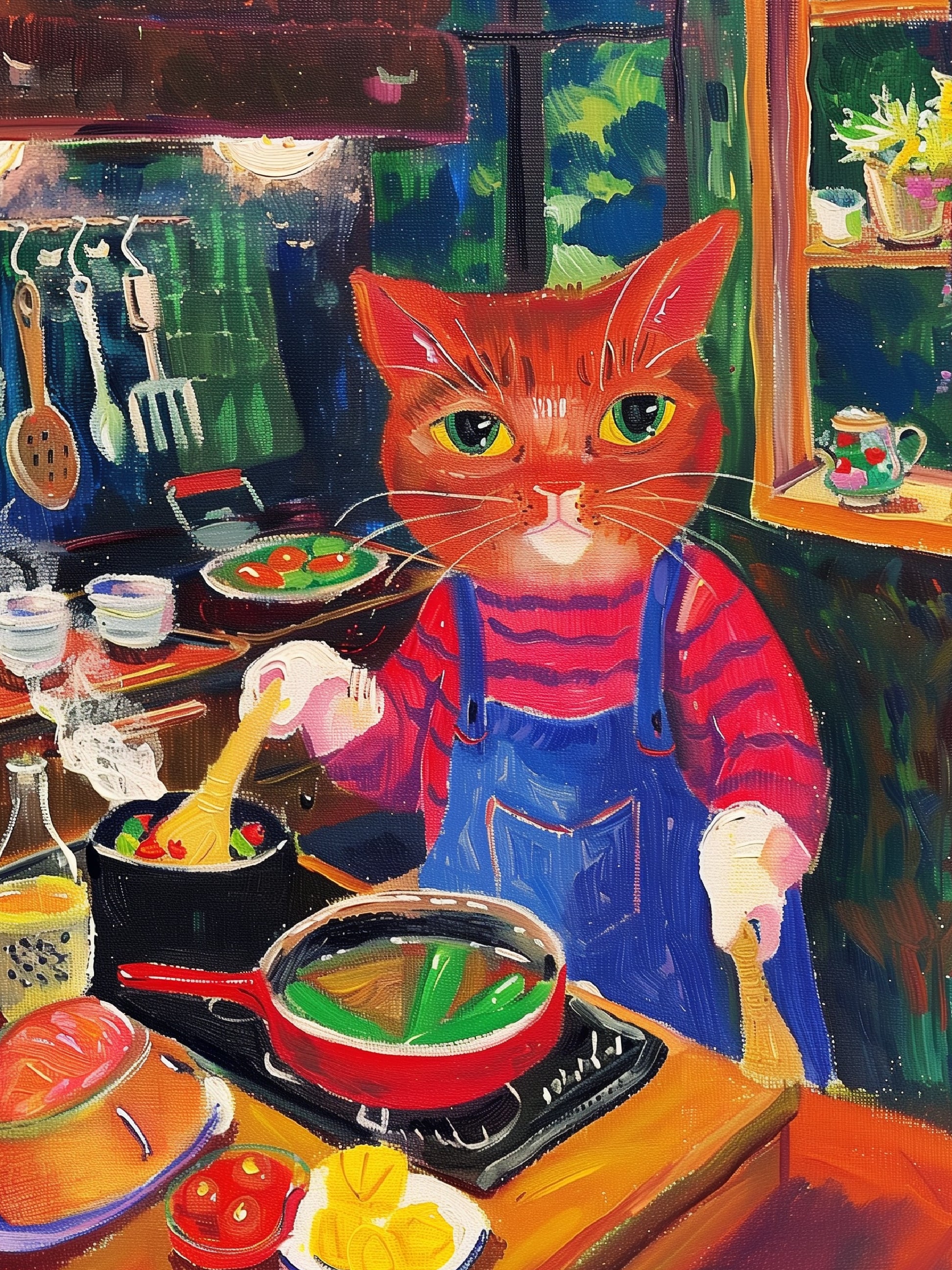Whimsical Cat Chef Colorful Kitchen Art Print