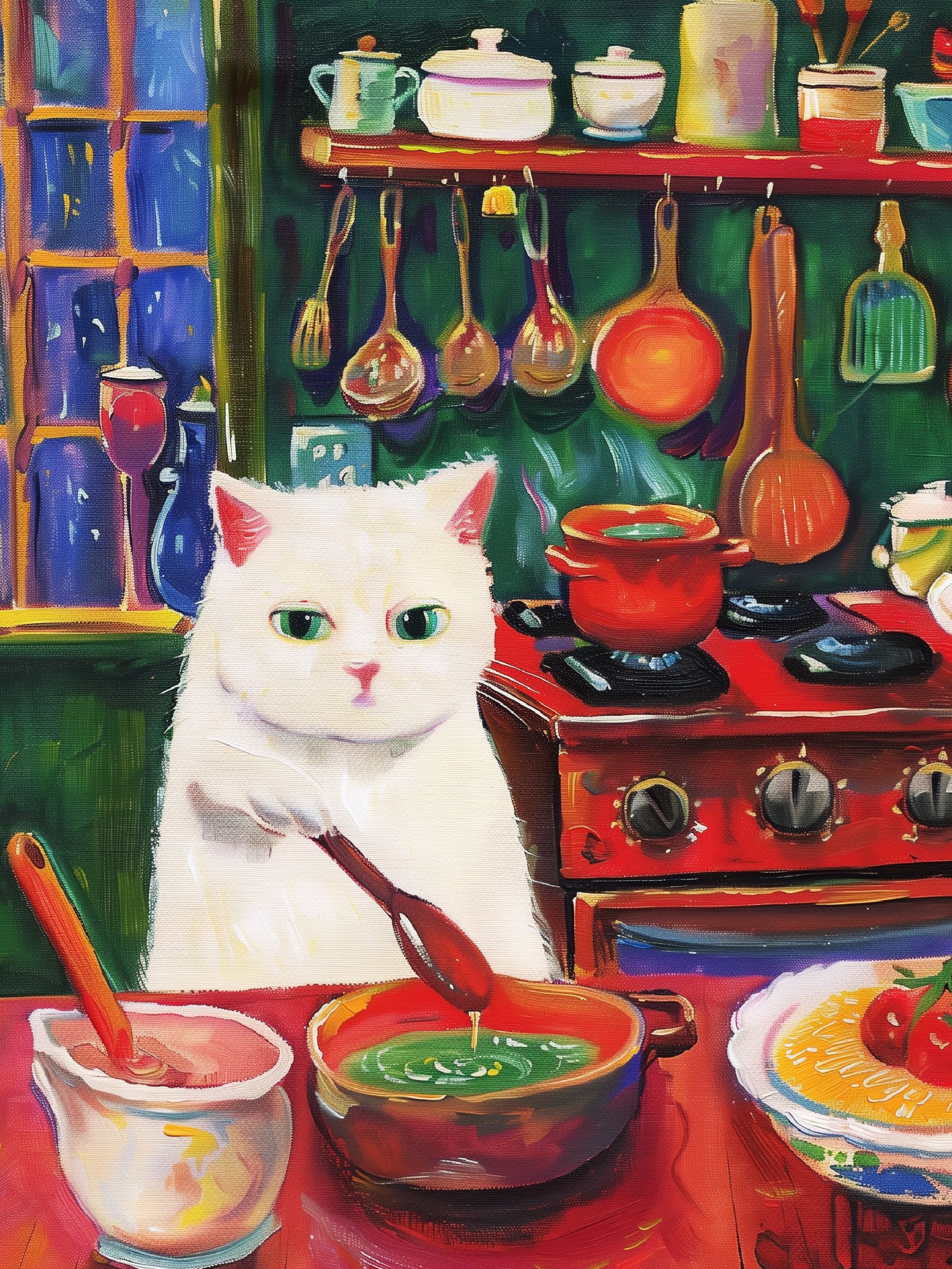 White Cat Cozy Kitchen Art Print