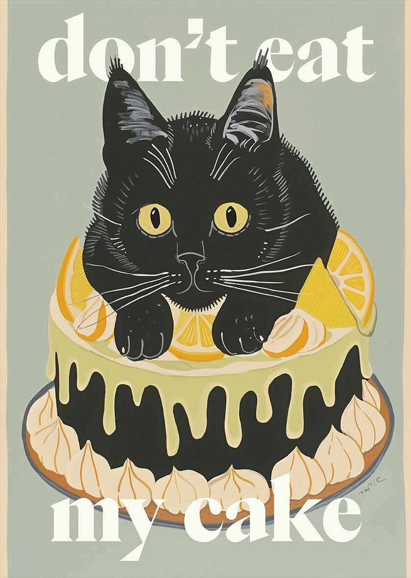 Playful Black Cat Lemon Dessert Cake Art Print
