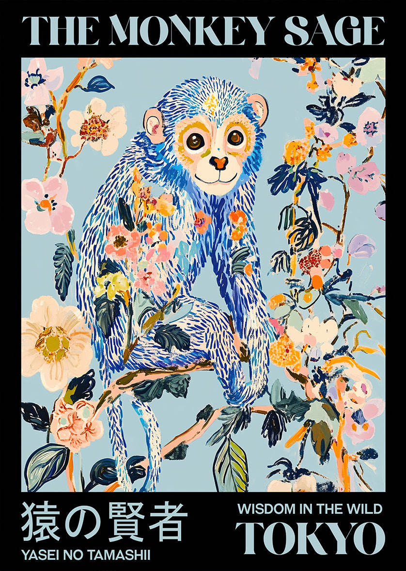 Vibrant Blue Monkey Surrounded By Blossoms Print