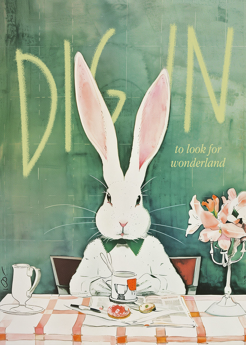 Whimsical White Rabbit Breakfast Print