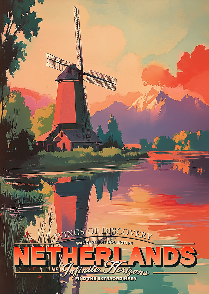 Netherlands Windmill Sunset Landscape Travel Poster Print
