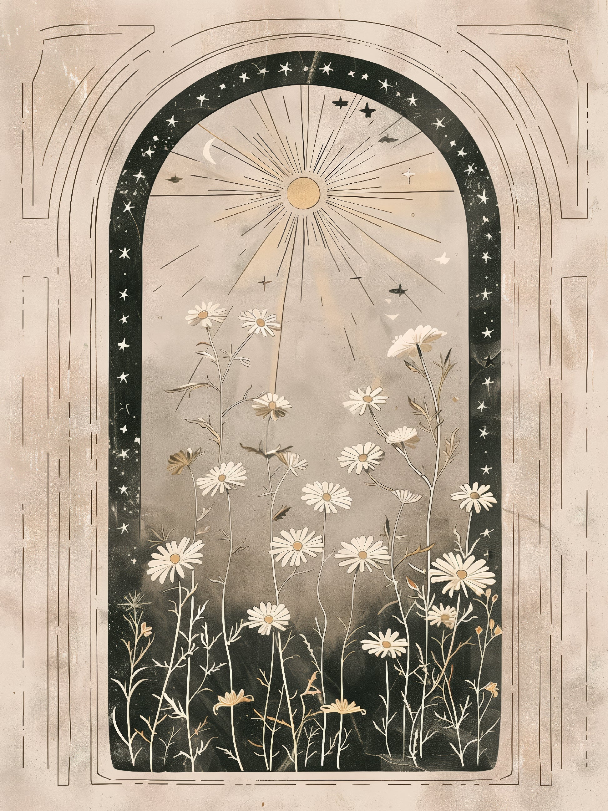 Impression de fenêtre cintrée de marguerites célestes