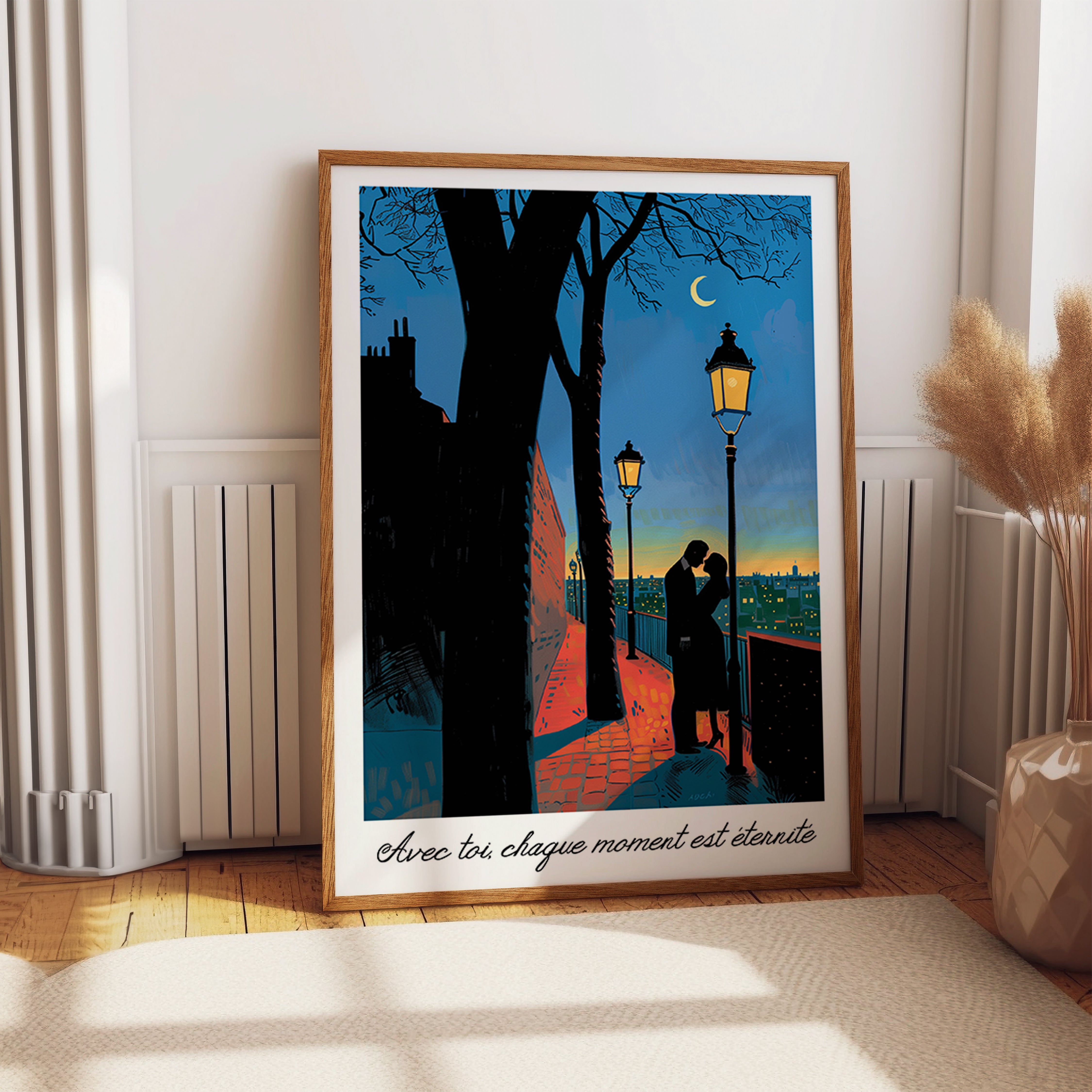 Romantic Lovers Under Moonlight Parisian Street Print