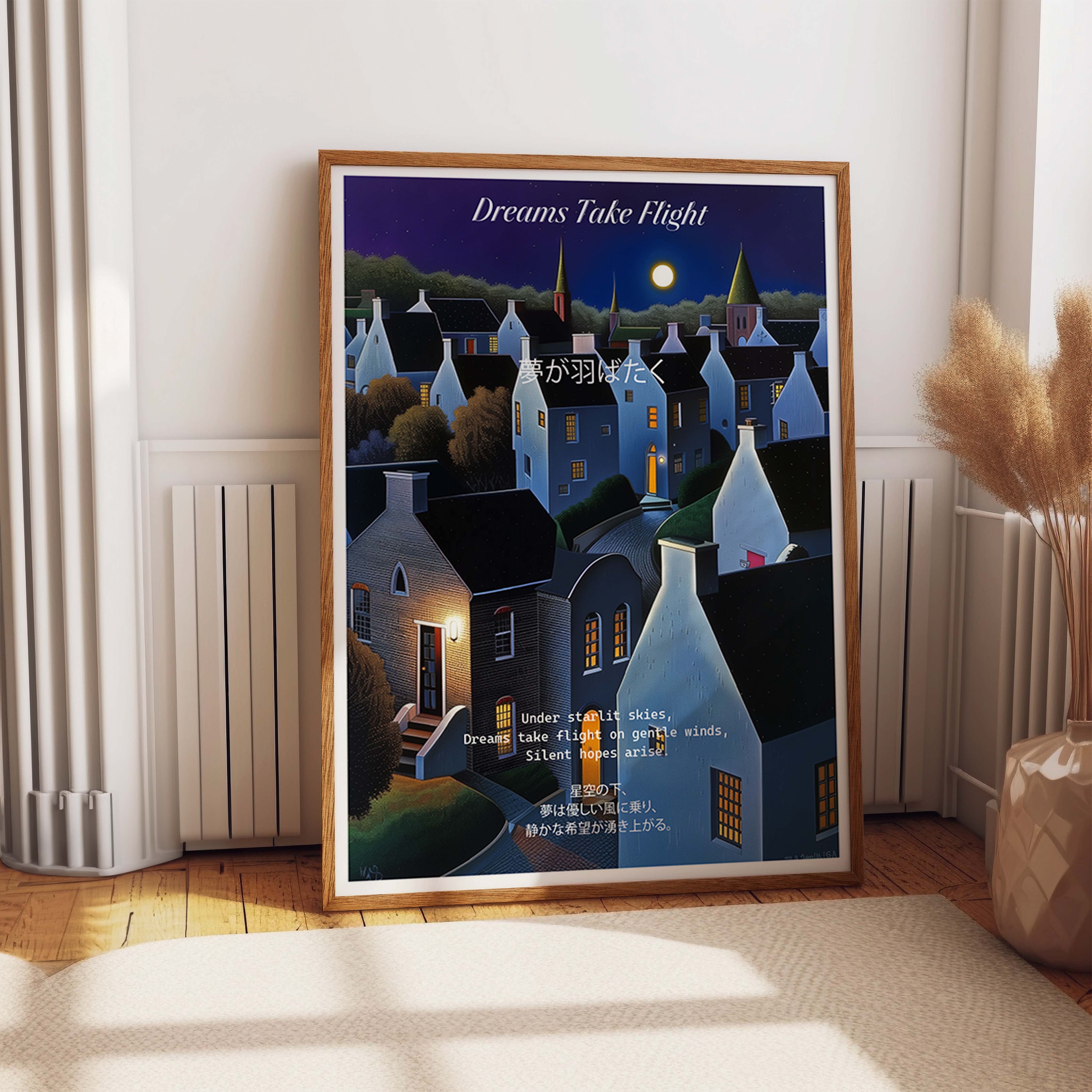 Moonlit Village Under Starlit Nightscape Print