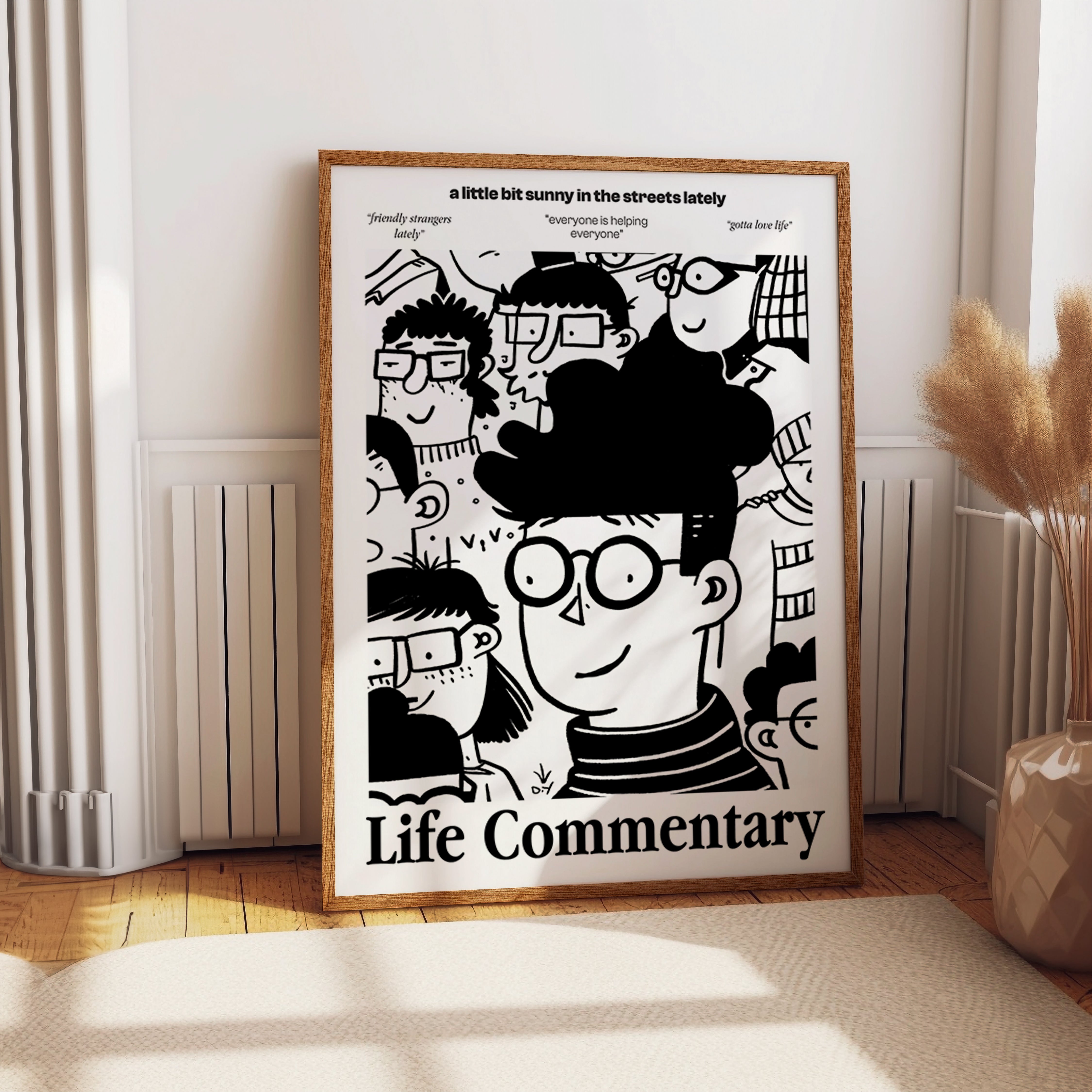 Life Commentary Poster – Playful Crowd Sketch with Positive Urban Quotes Print
