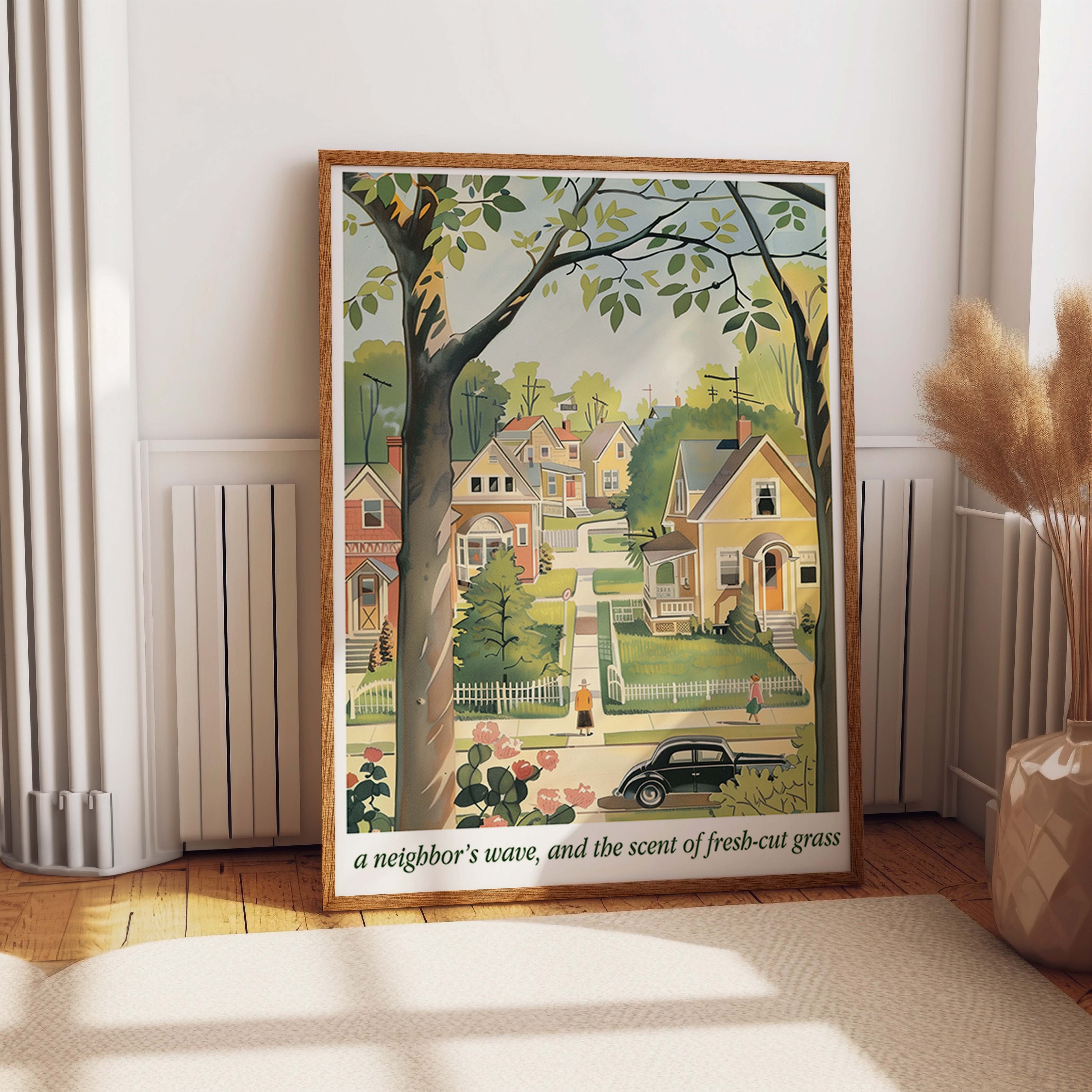 Charming Suburban Neighborhood Vintage Summer Scene Print