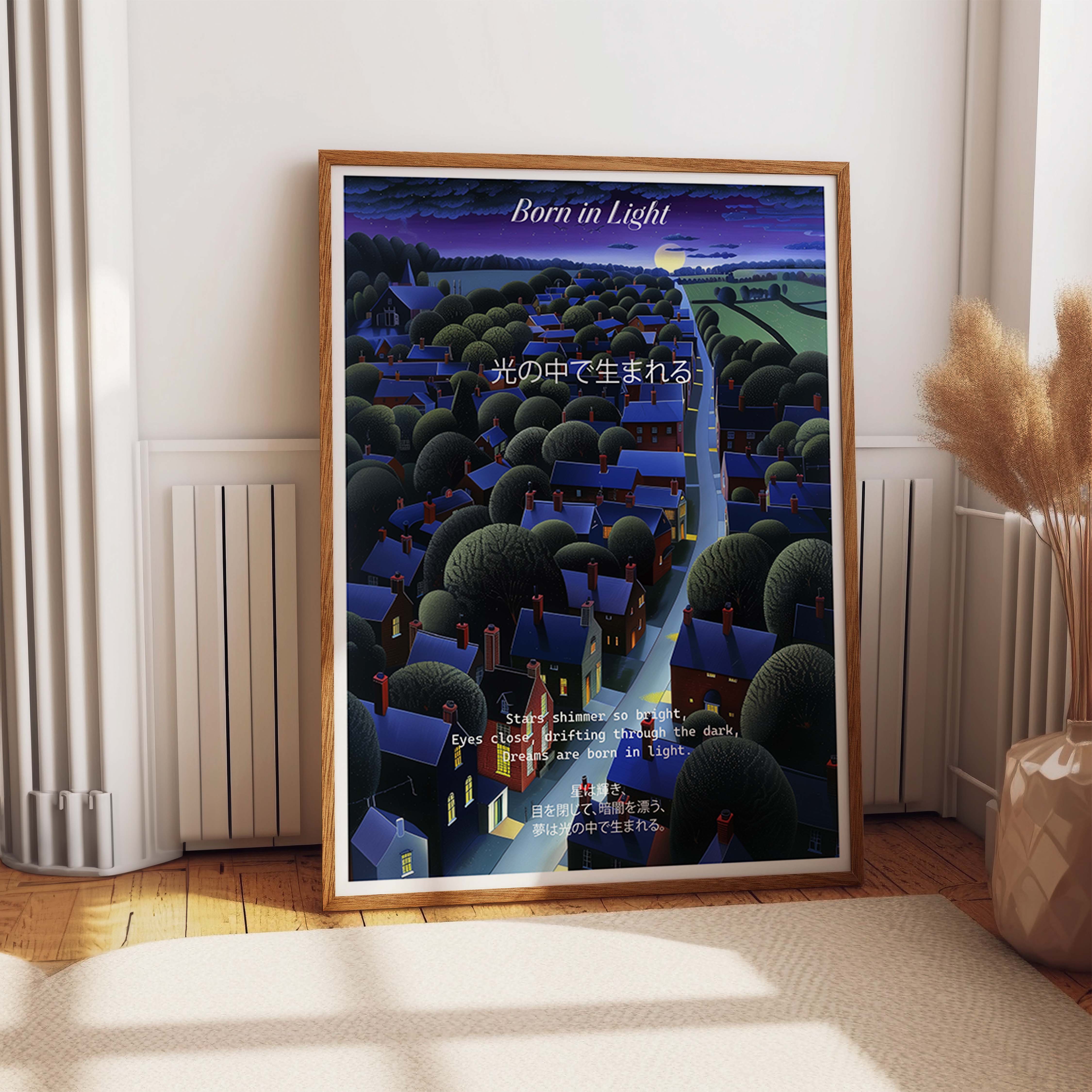 Moonlit Road Through Dreamlike Village Scene Print