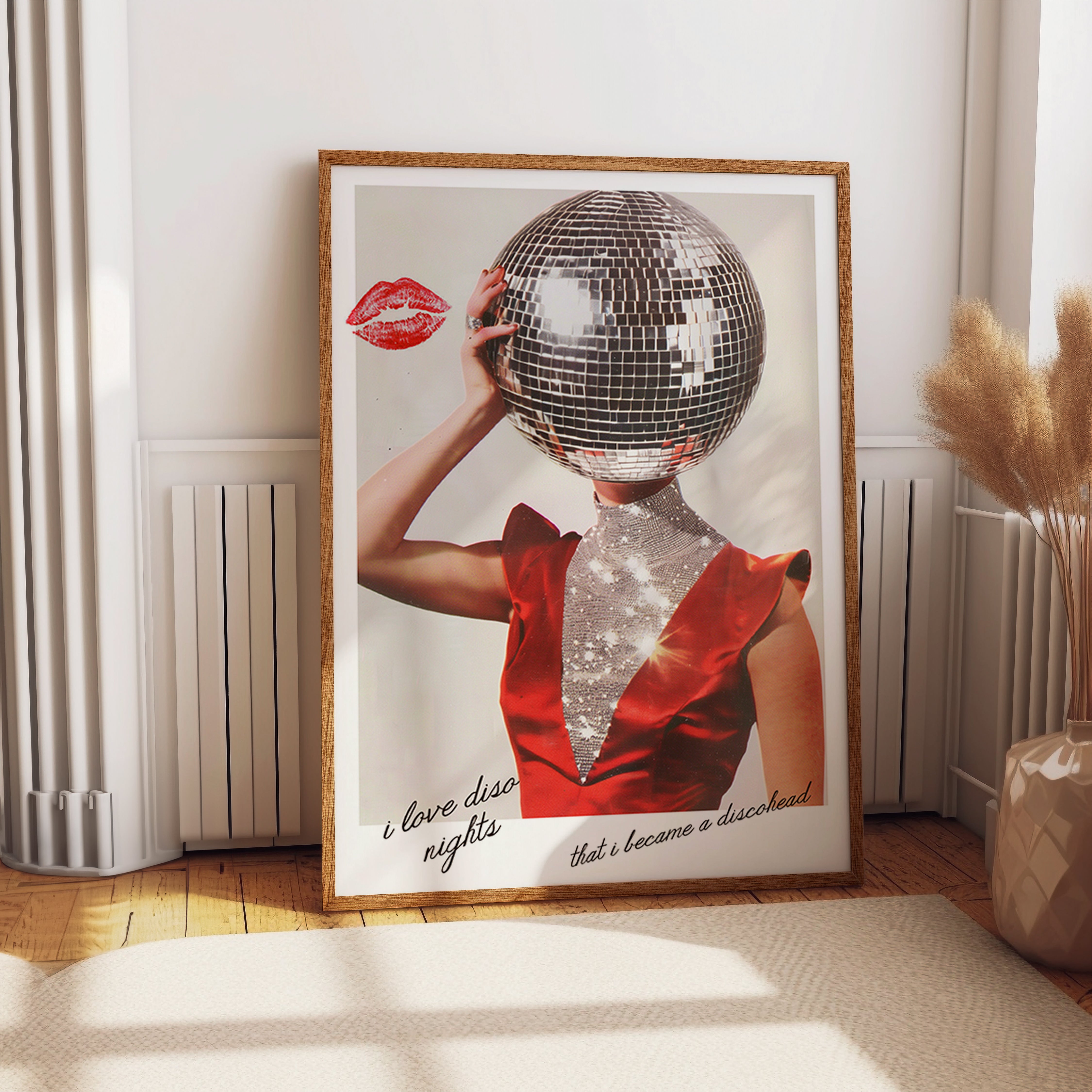 I Love Disco Nights – Bold Retro Glamour Wall Art Poster – Mirrorball Head Concept Photography Print