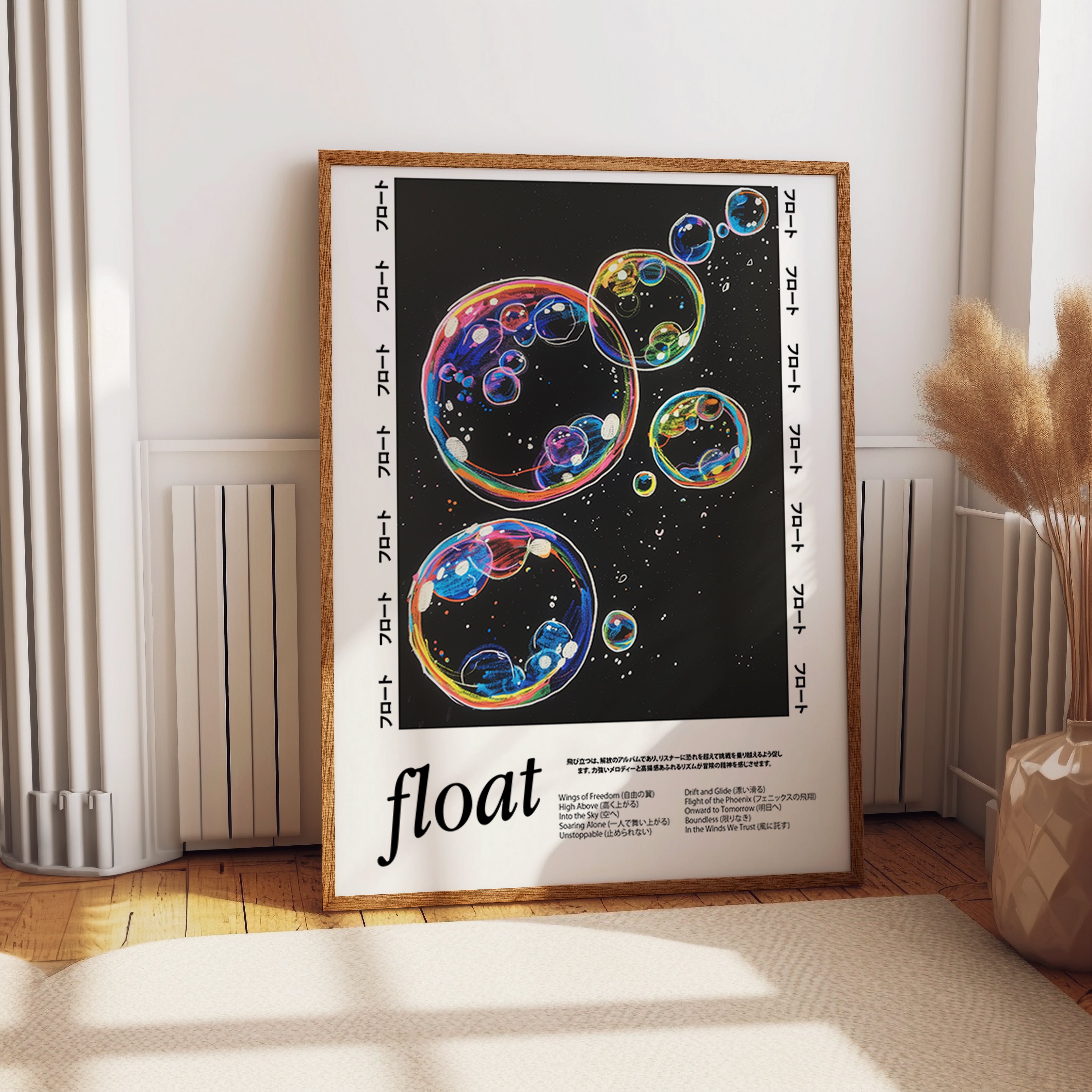 Float Poster – Neon Rainbow Bubbles on Black Surreal Space Art Print