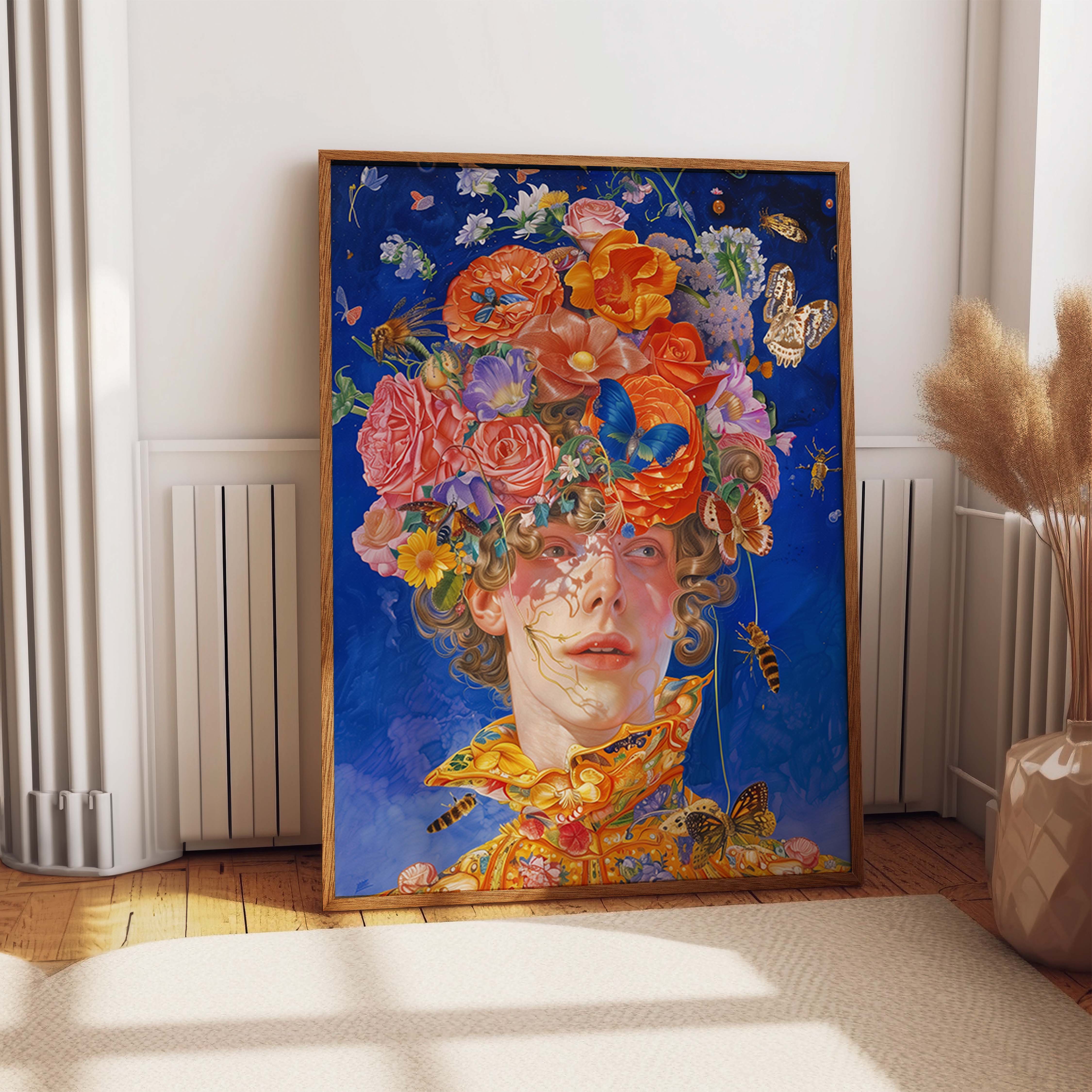 Vibrant Floral Headpiece Surreal Portrait Art Print