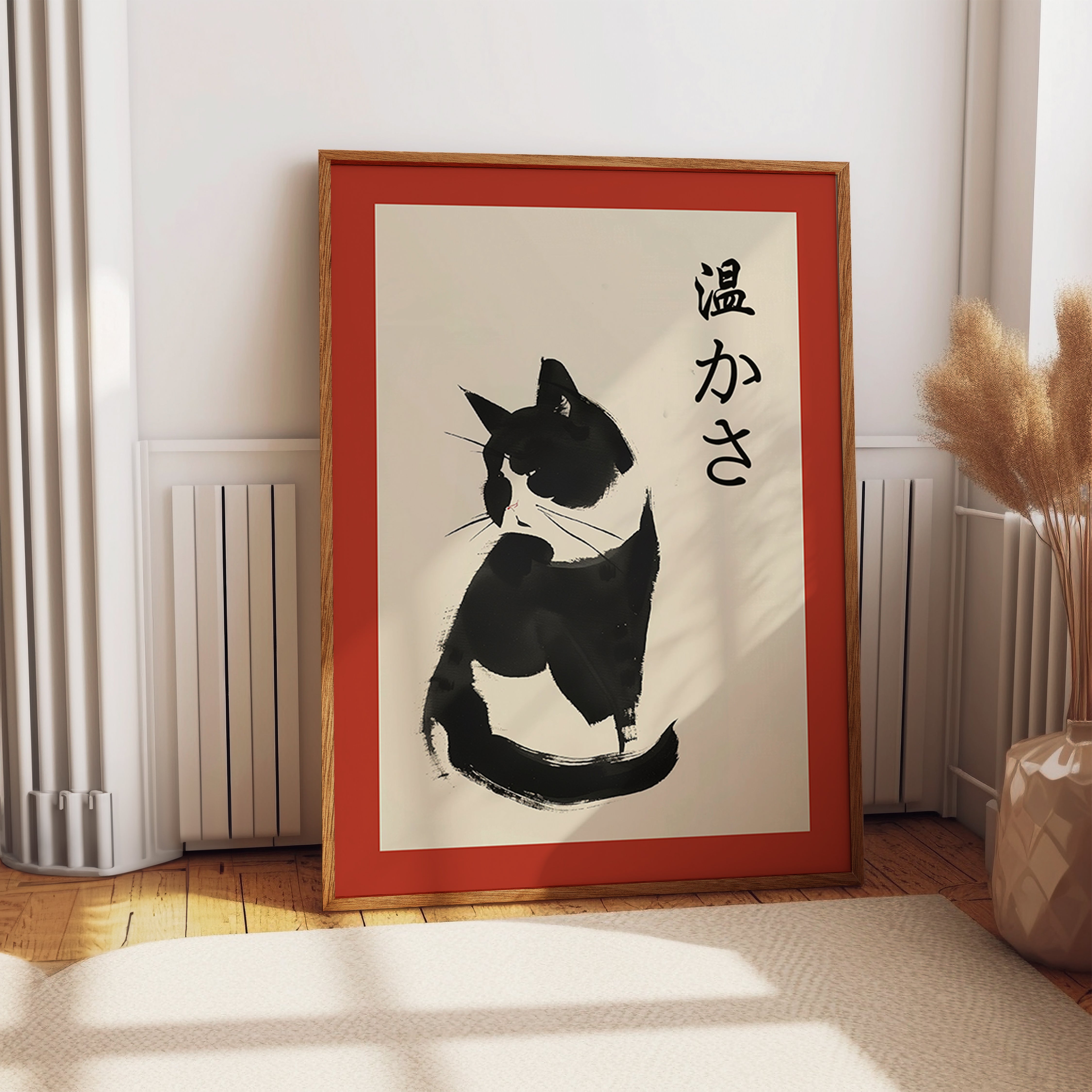 Zen Cat Warmth Wall Art – Japanese Brush Ink Tuxedo Cat Poster with Kanji