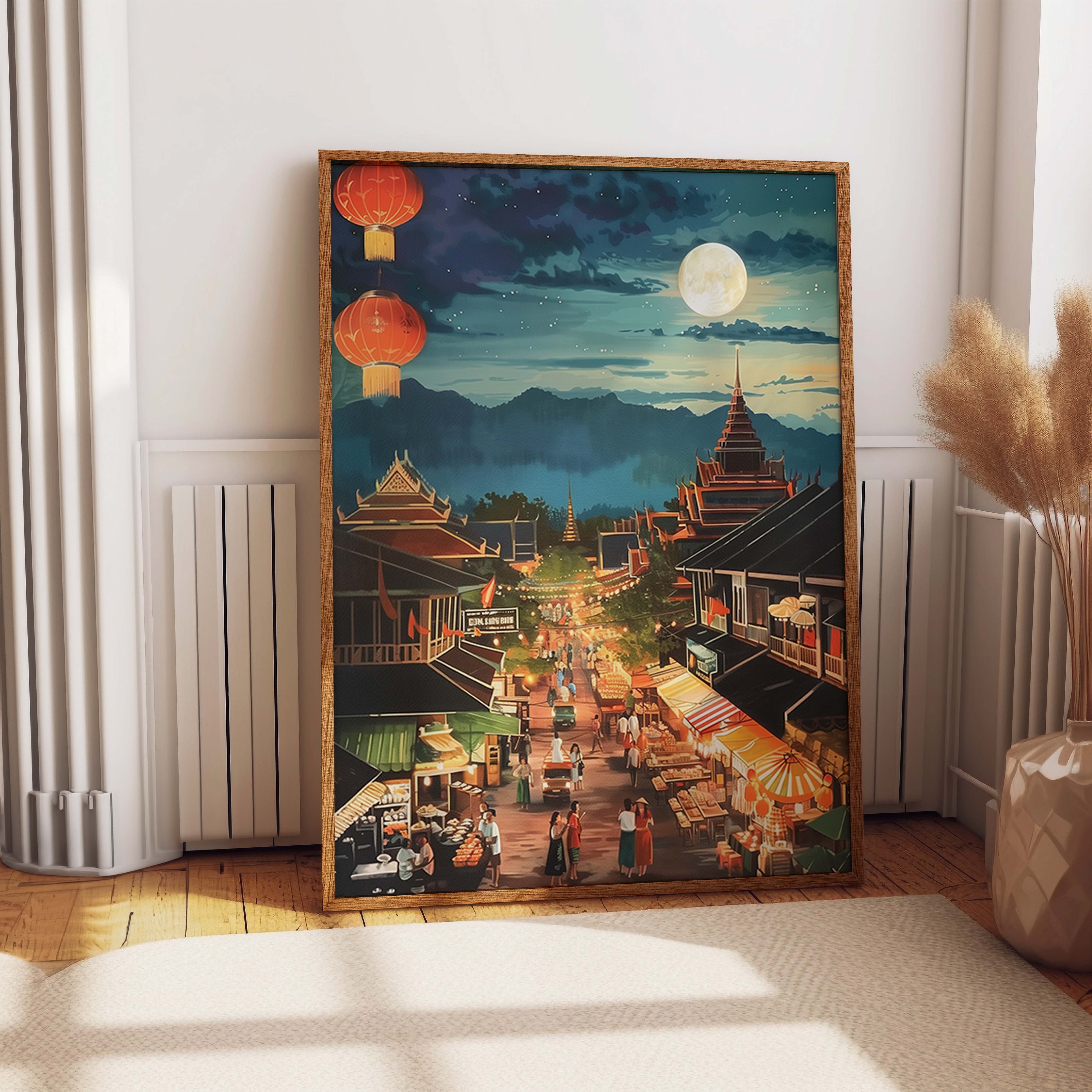 Vibrant Thai Night Market Lanterns Moon Print