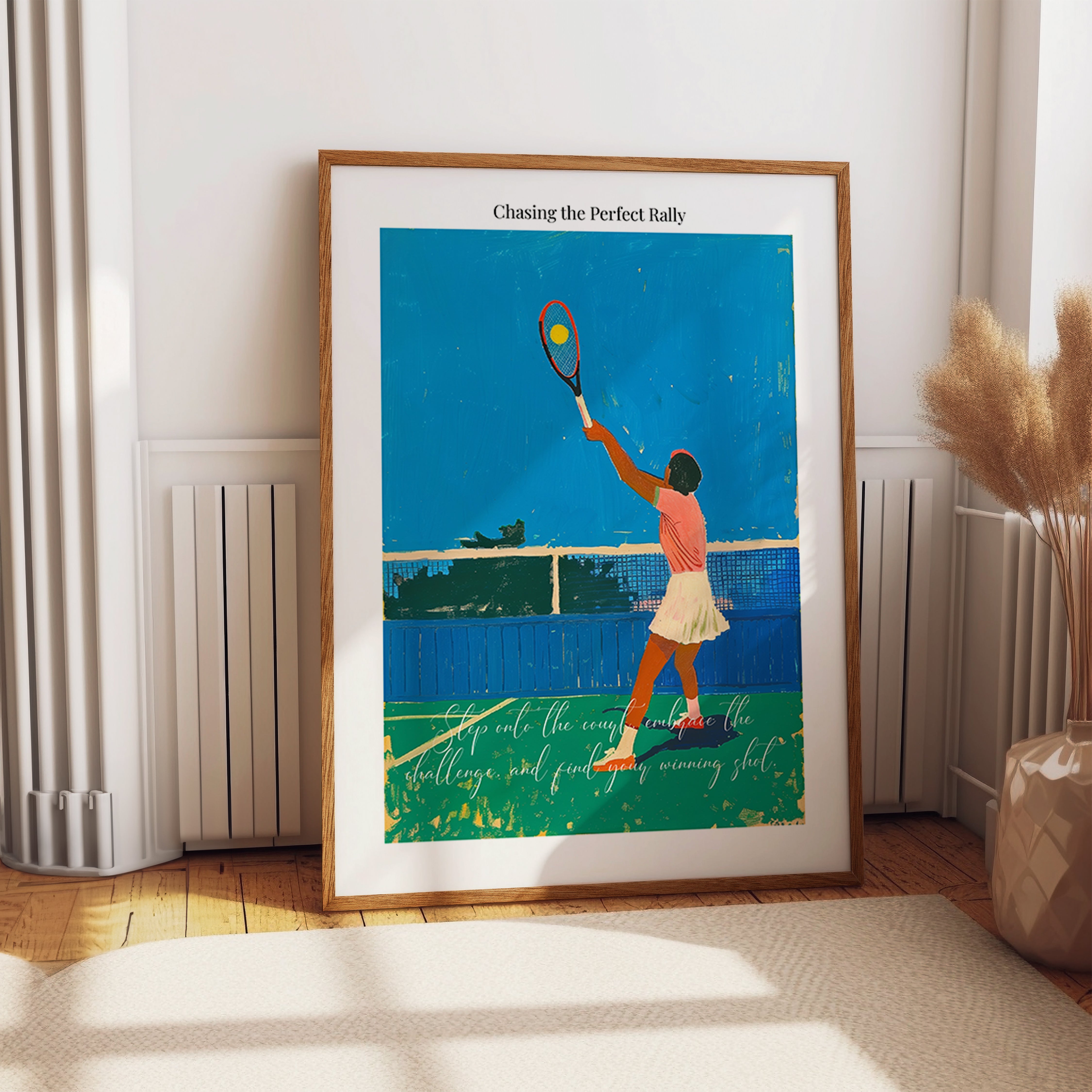 Female Tennis Player Poster in Action with Bold Colors and Motivational Quote – Sports Art Print