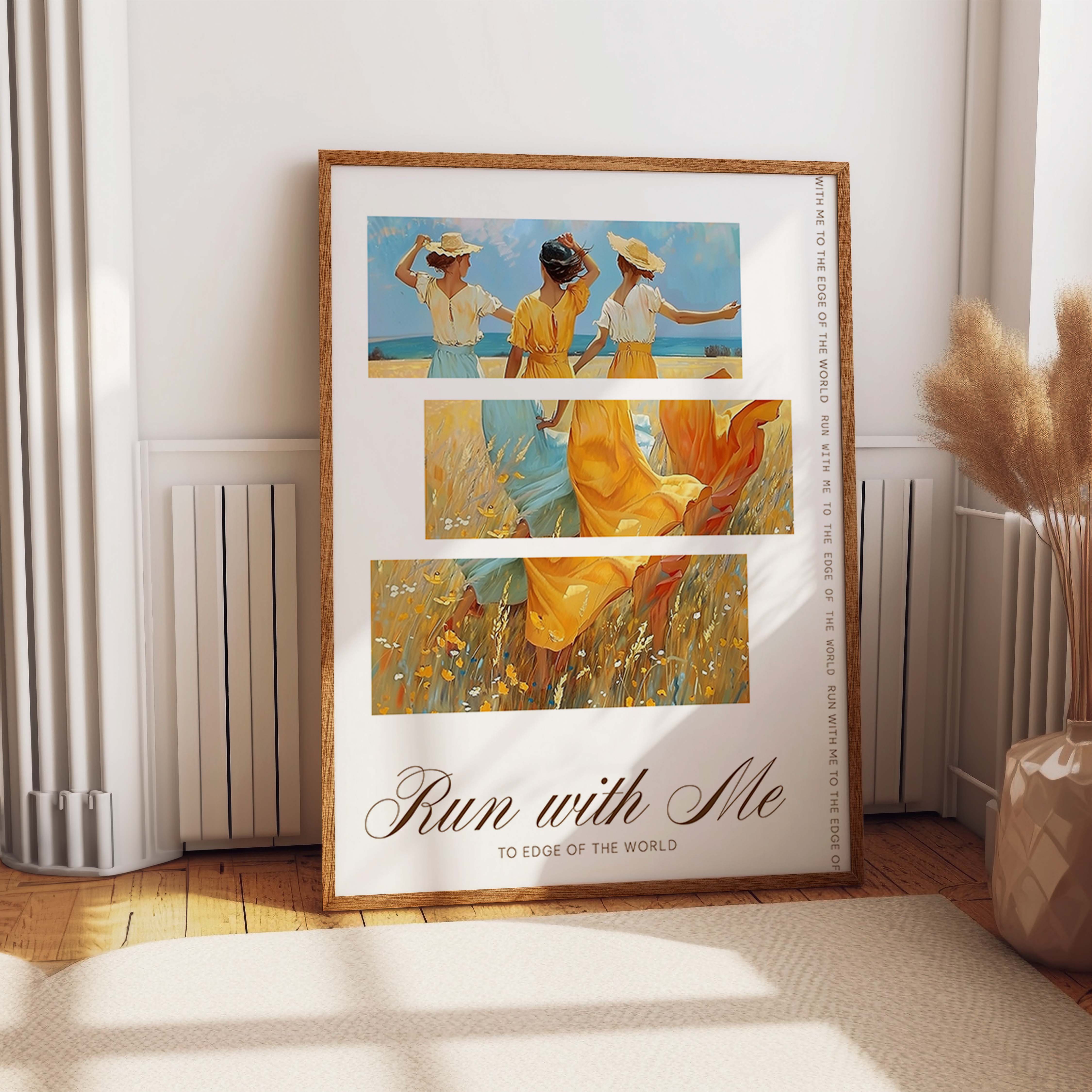 Three Women Running in Golden Field Print