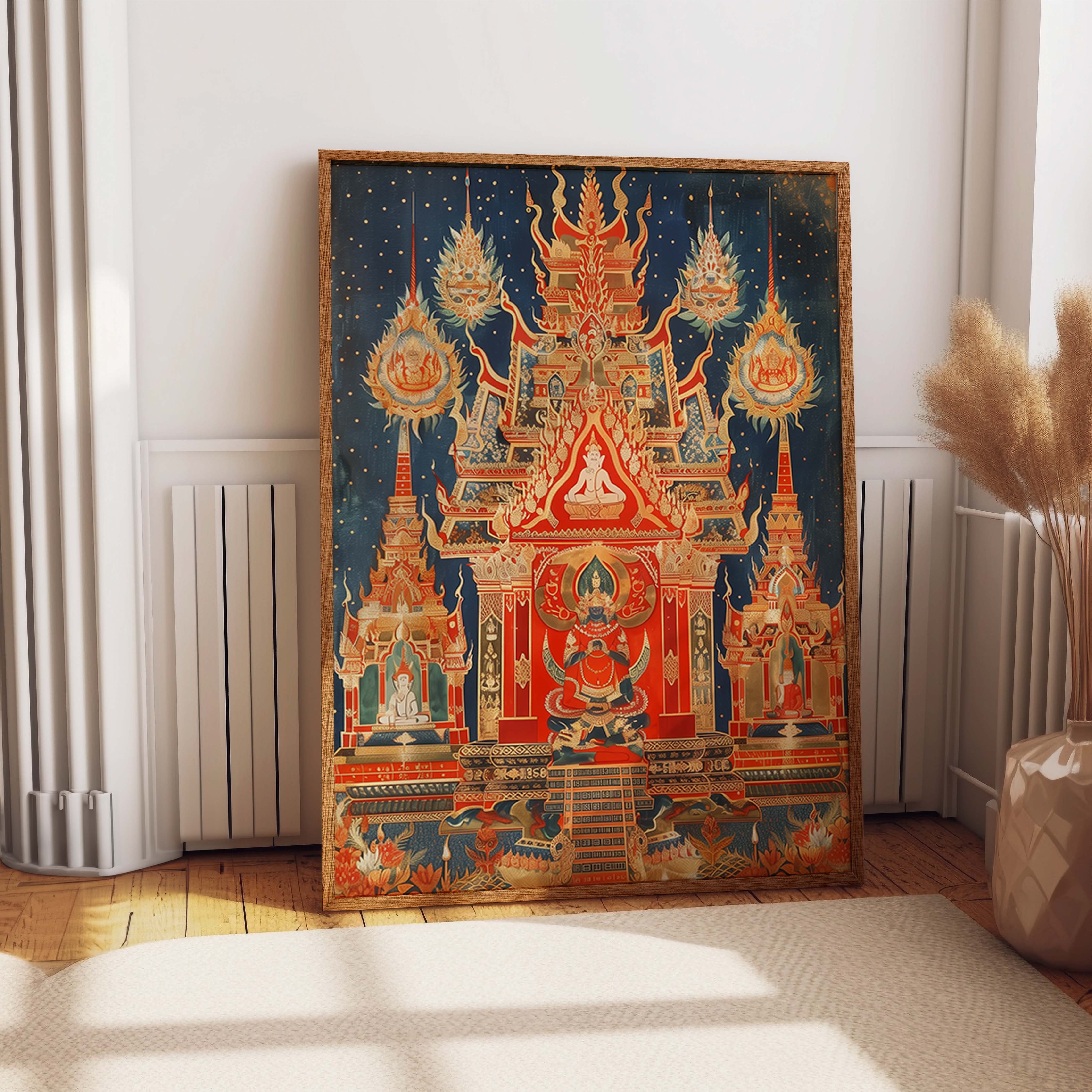 Thai Temple Deities Vibrant Gold Red Art Print