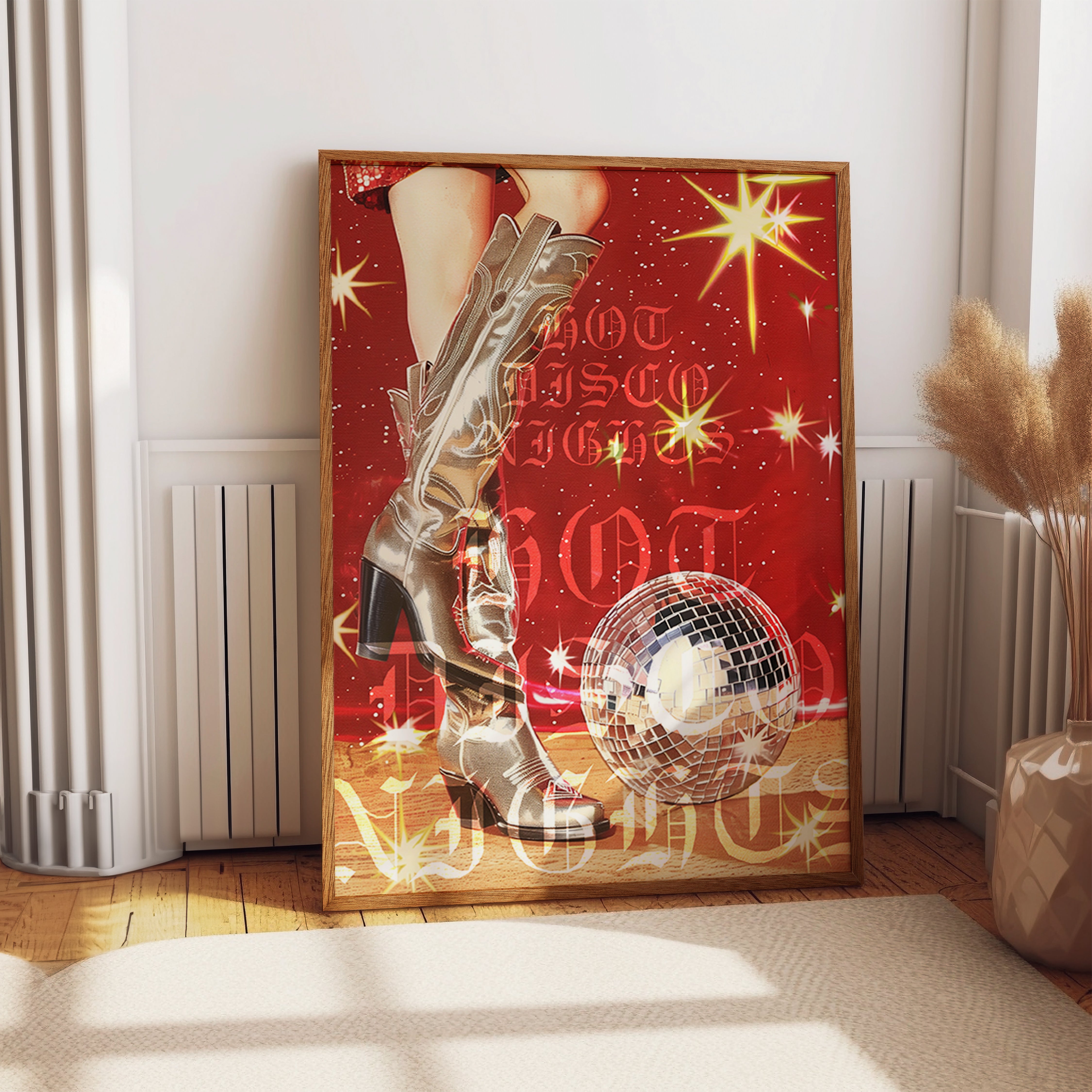 Hot Disco Nights Wall Art – Glam Cowboy Boots and Mirrorball Poster – Retro Red Disco Print