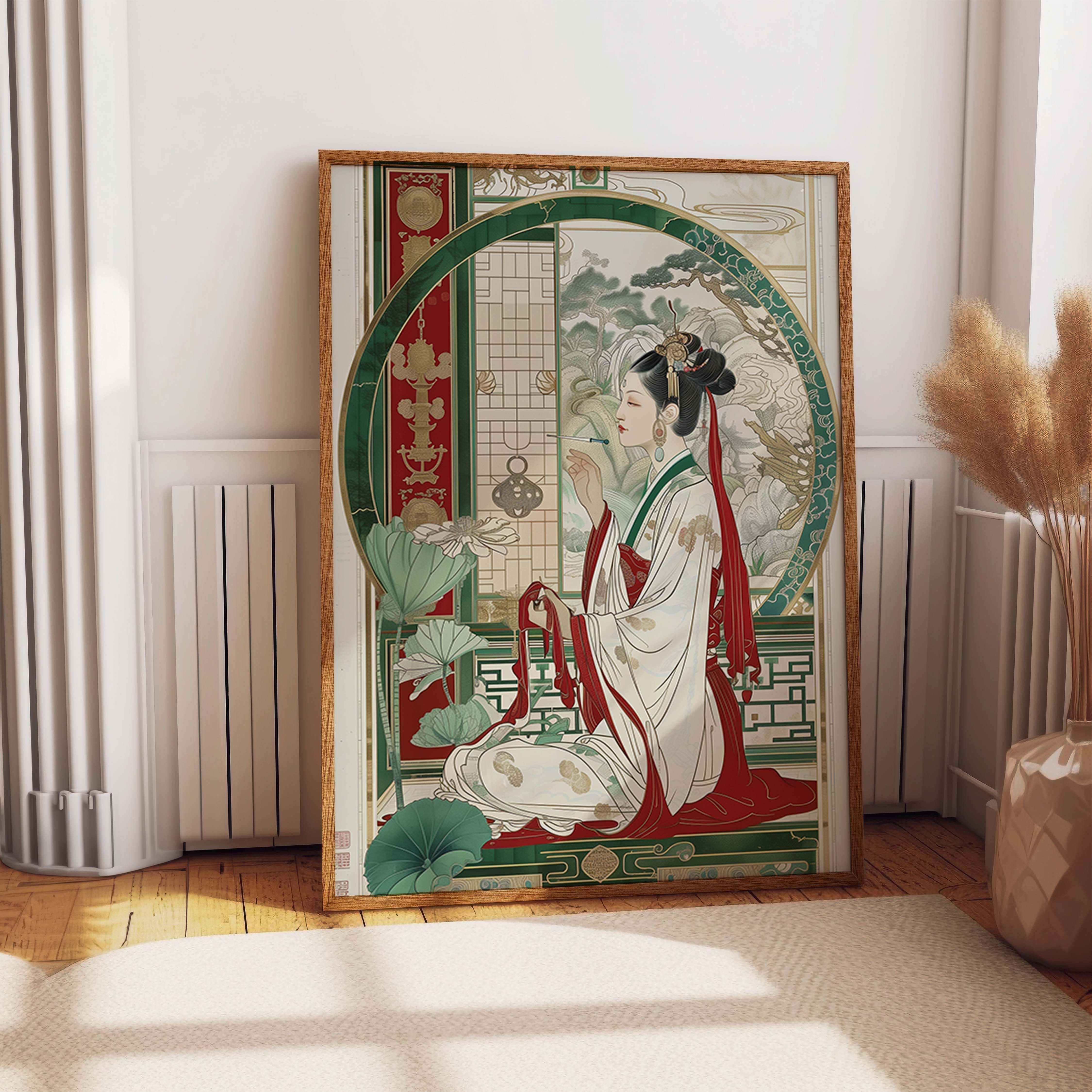 Elegant Asian Art Deco Woman Lotus Garden Print