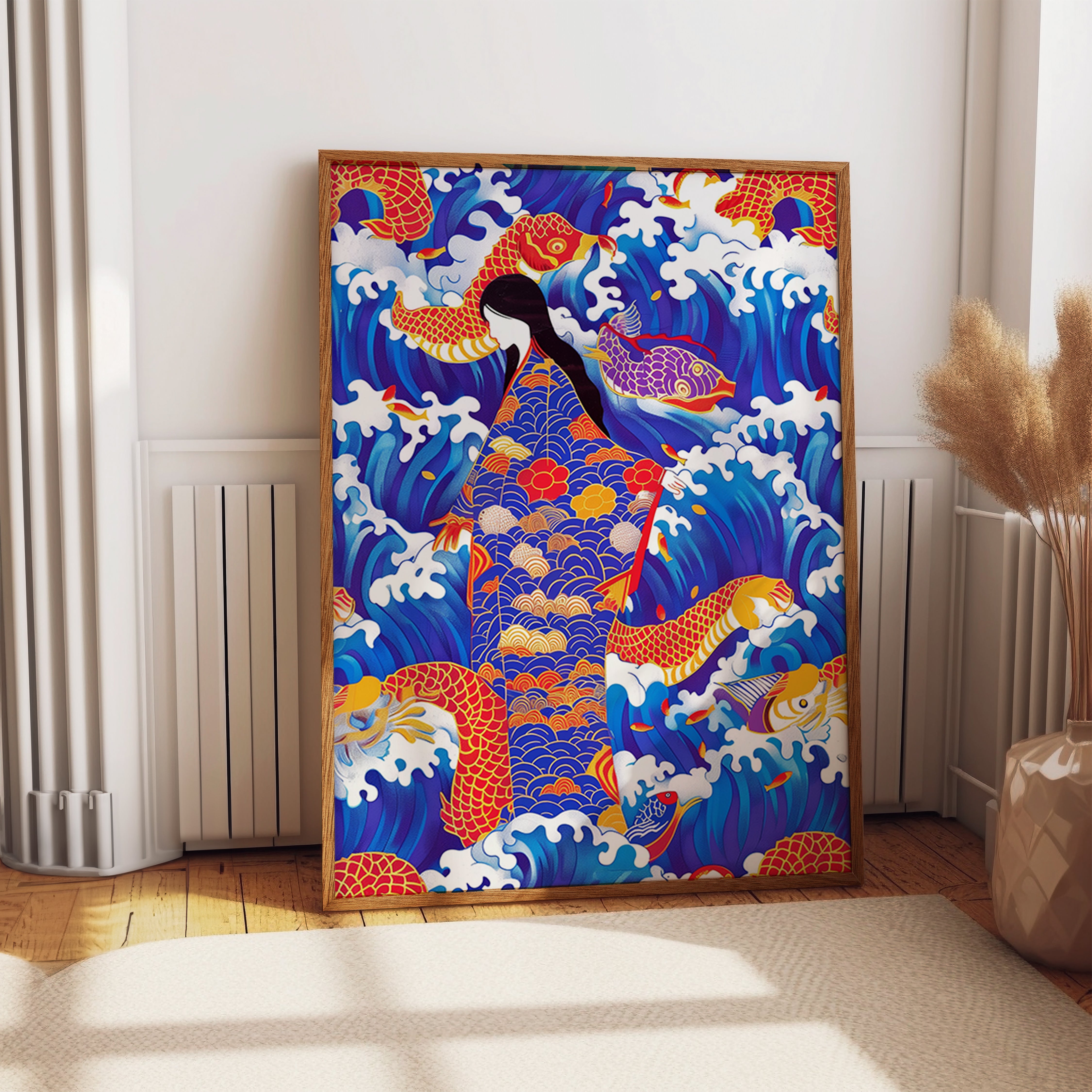 Koi Wave Woman Kimono Pattern Wall Print