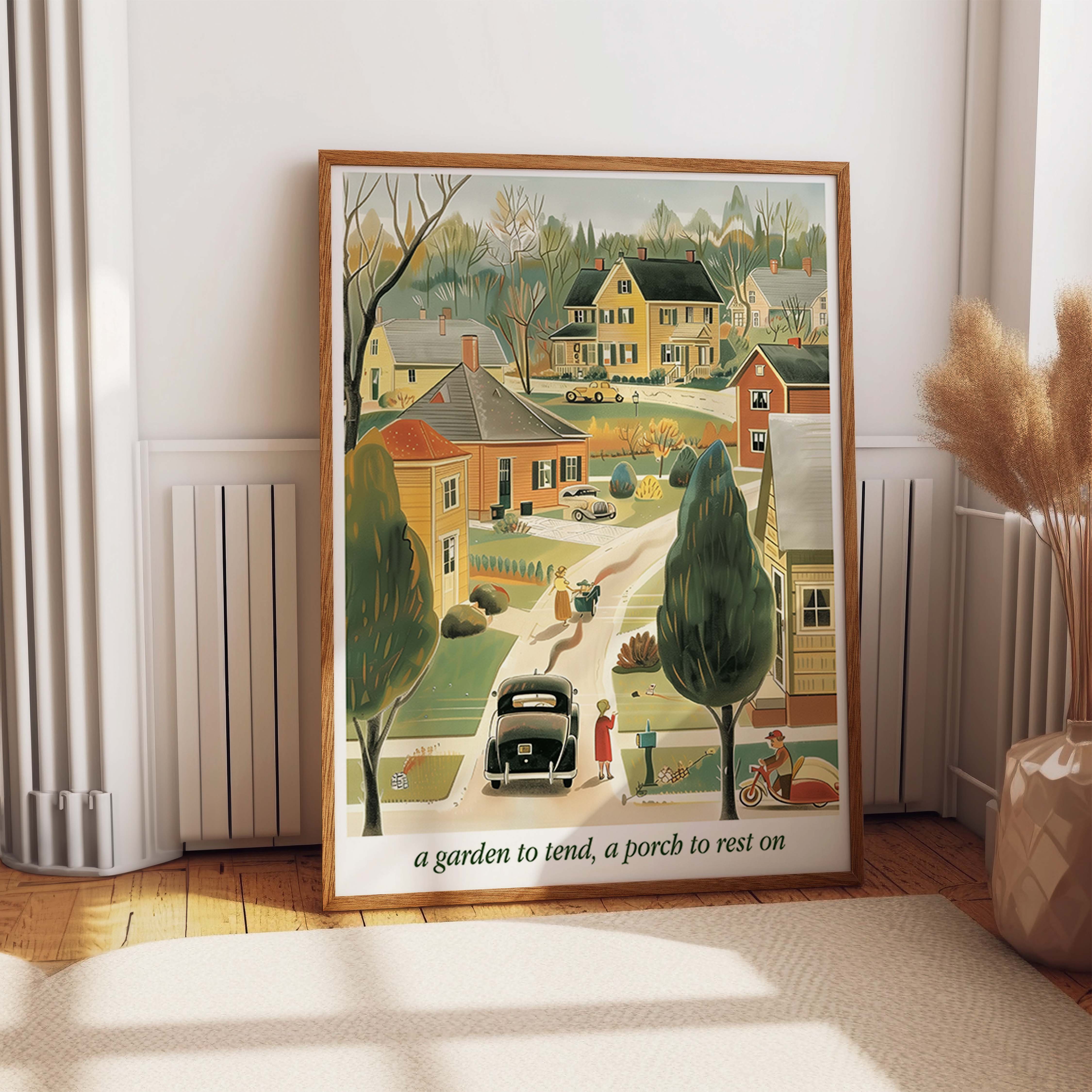 Retro Suburban Neighborhood Autumn Scene Art Print