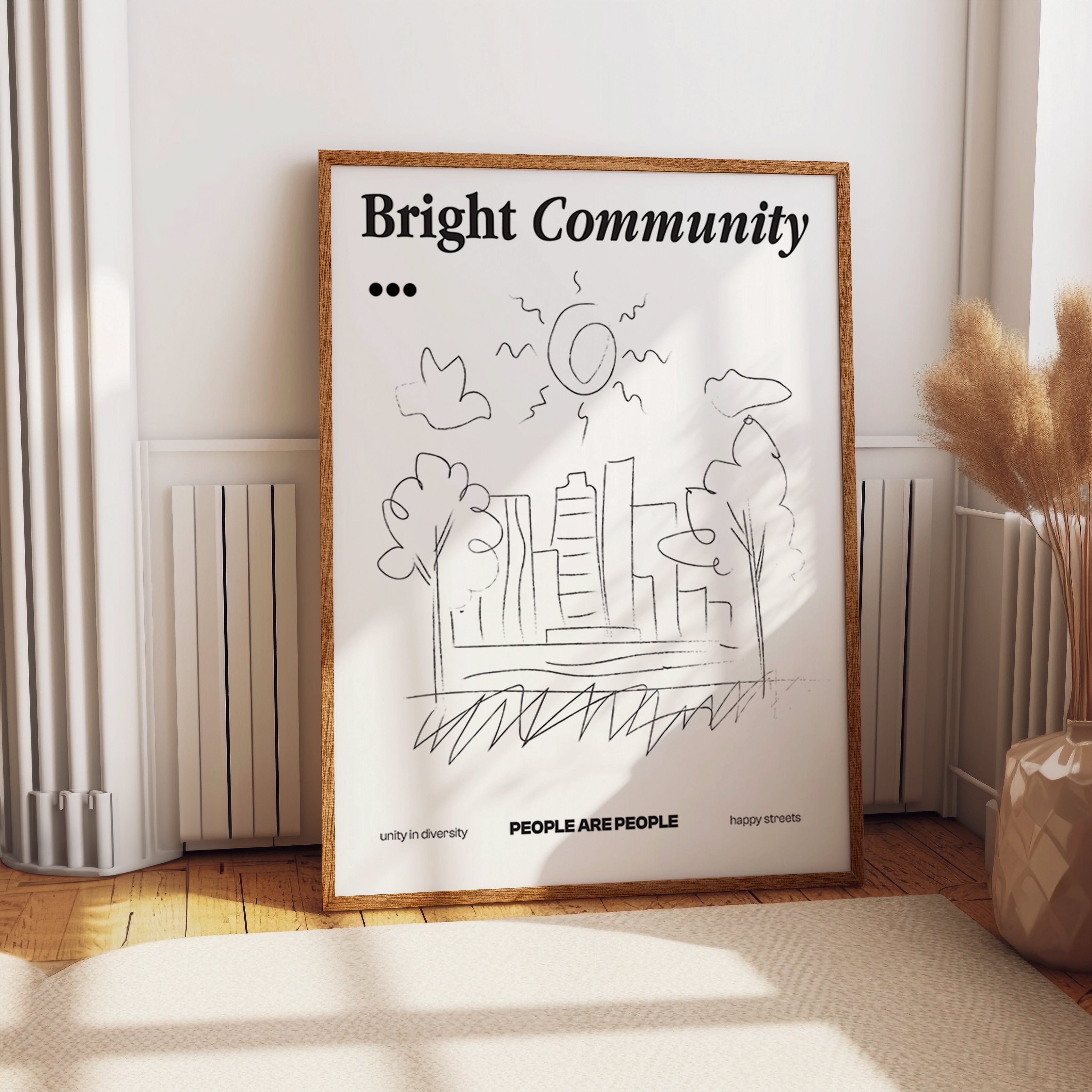 Bright City Community Poster – Whimsical Urban Park Line Drawing Print