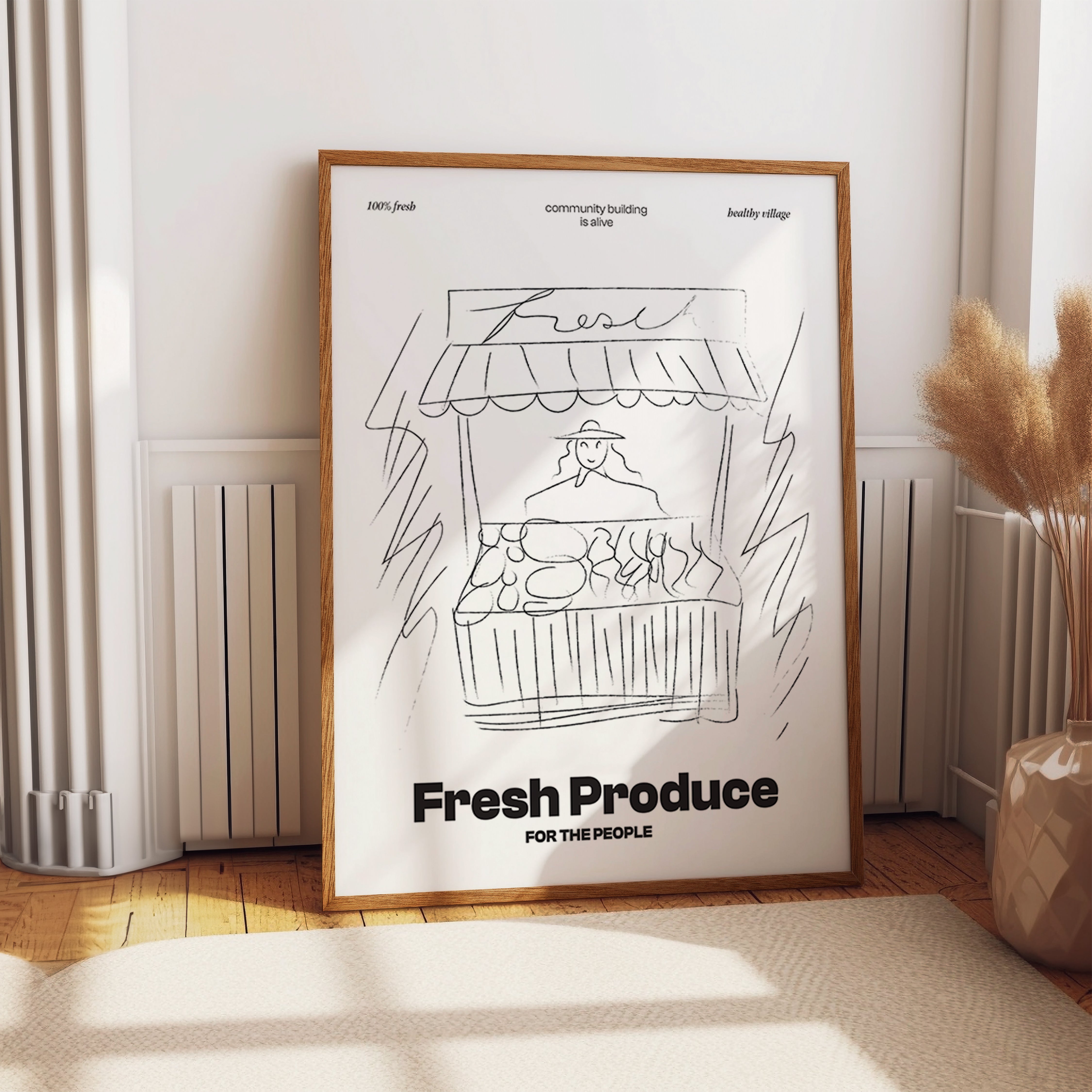 Fresh Produce Stand Poster – Whimsical Market Line Drawing Art Print