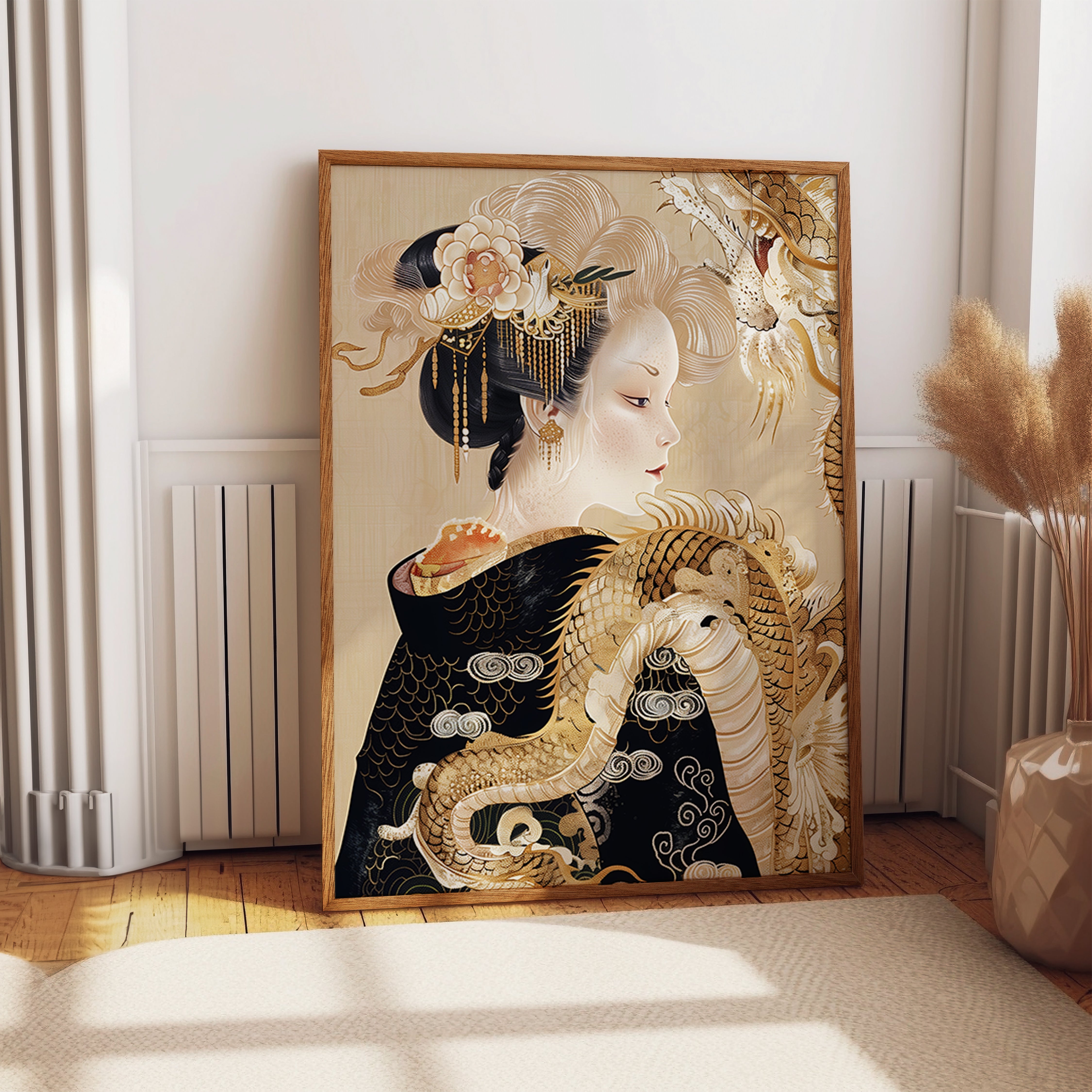 Elegant Geisha Dragon Gold Kimono Art Print