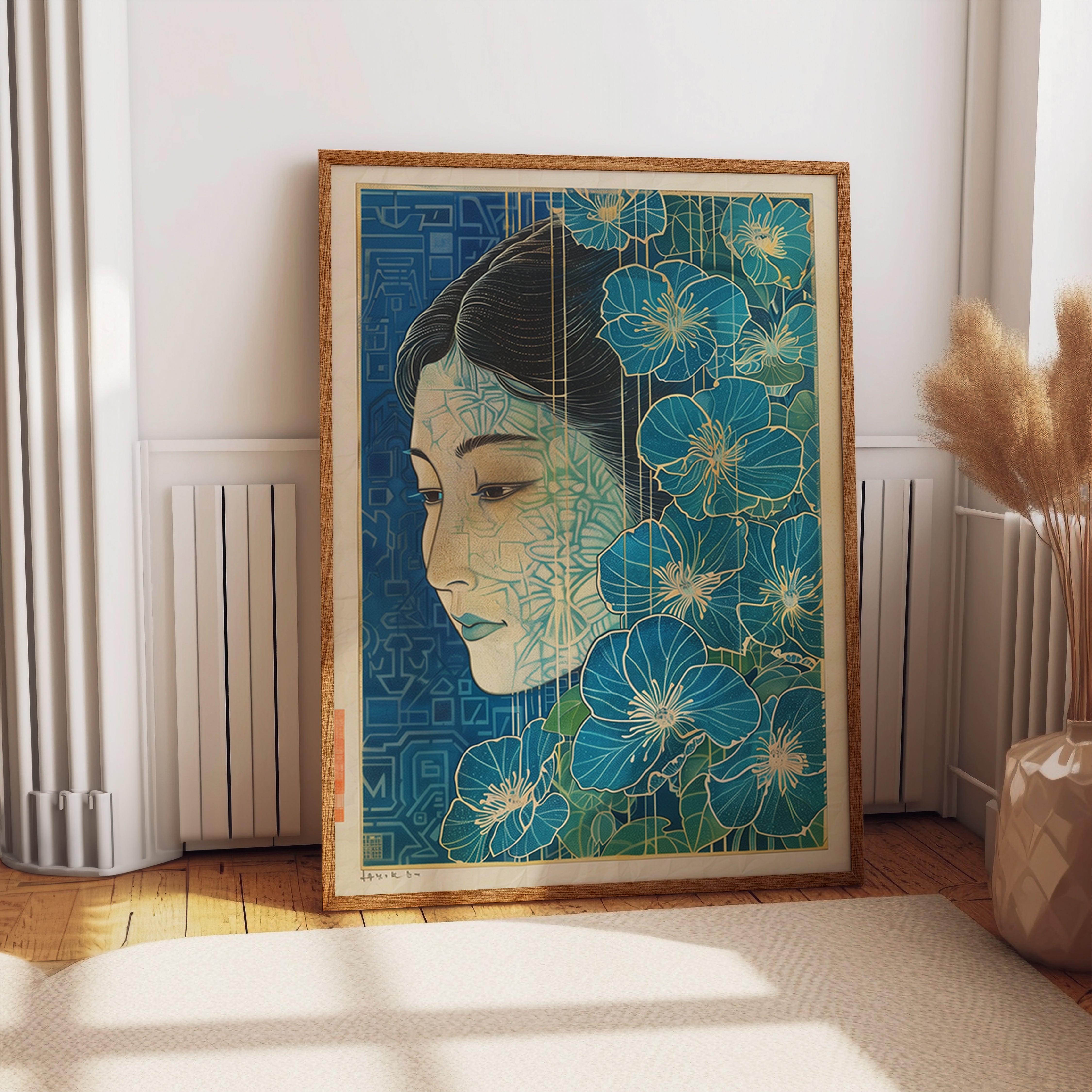 Serene Blue Floral Contemplation Wall Print