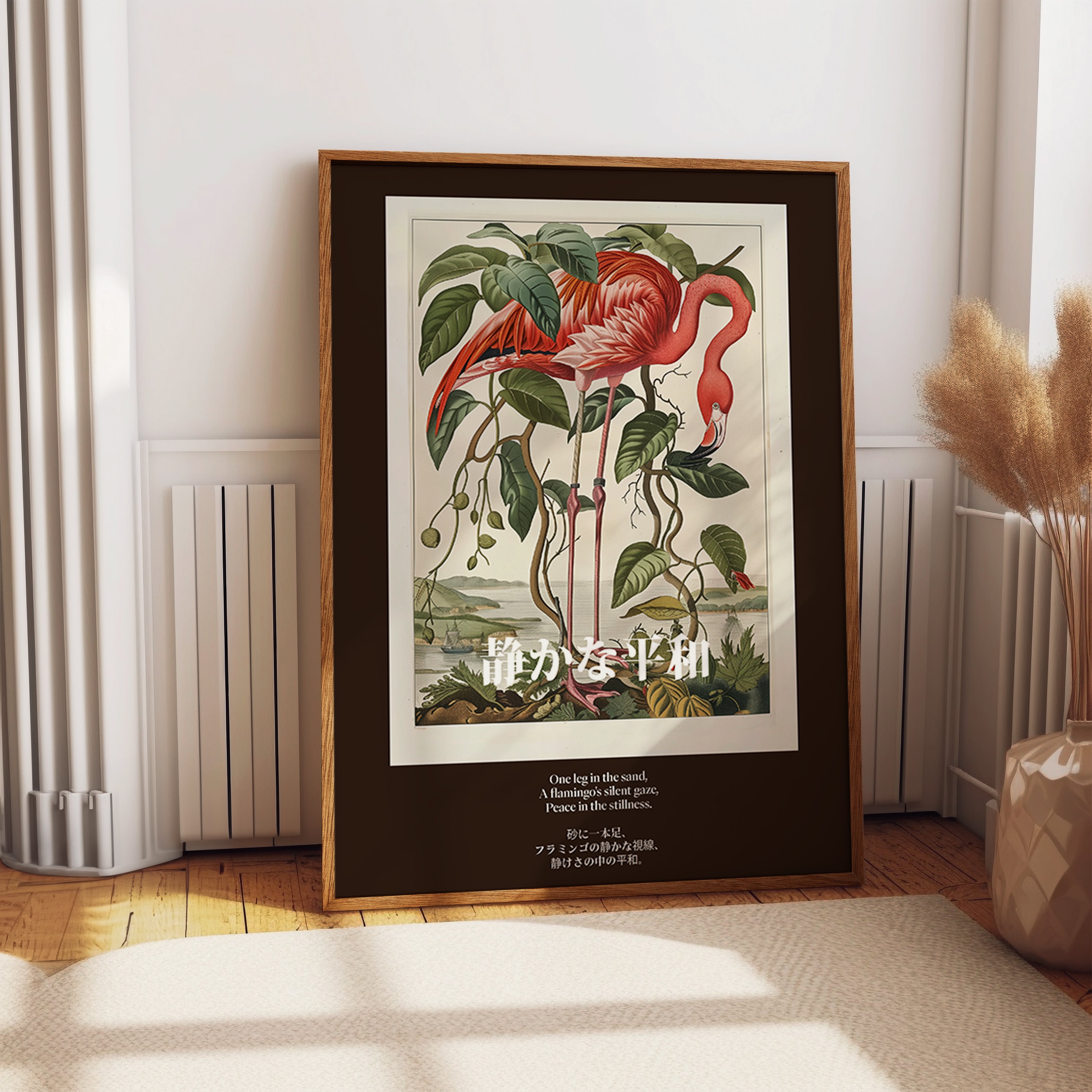 Tranquil Flamingo Poster – Retro Botanical Bird Illustration Art Print