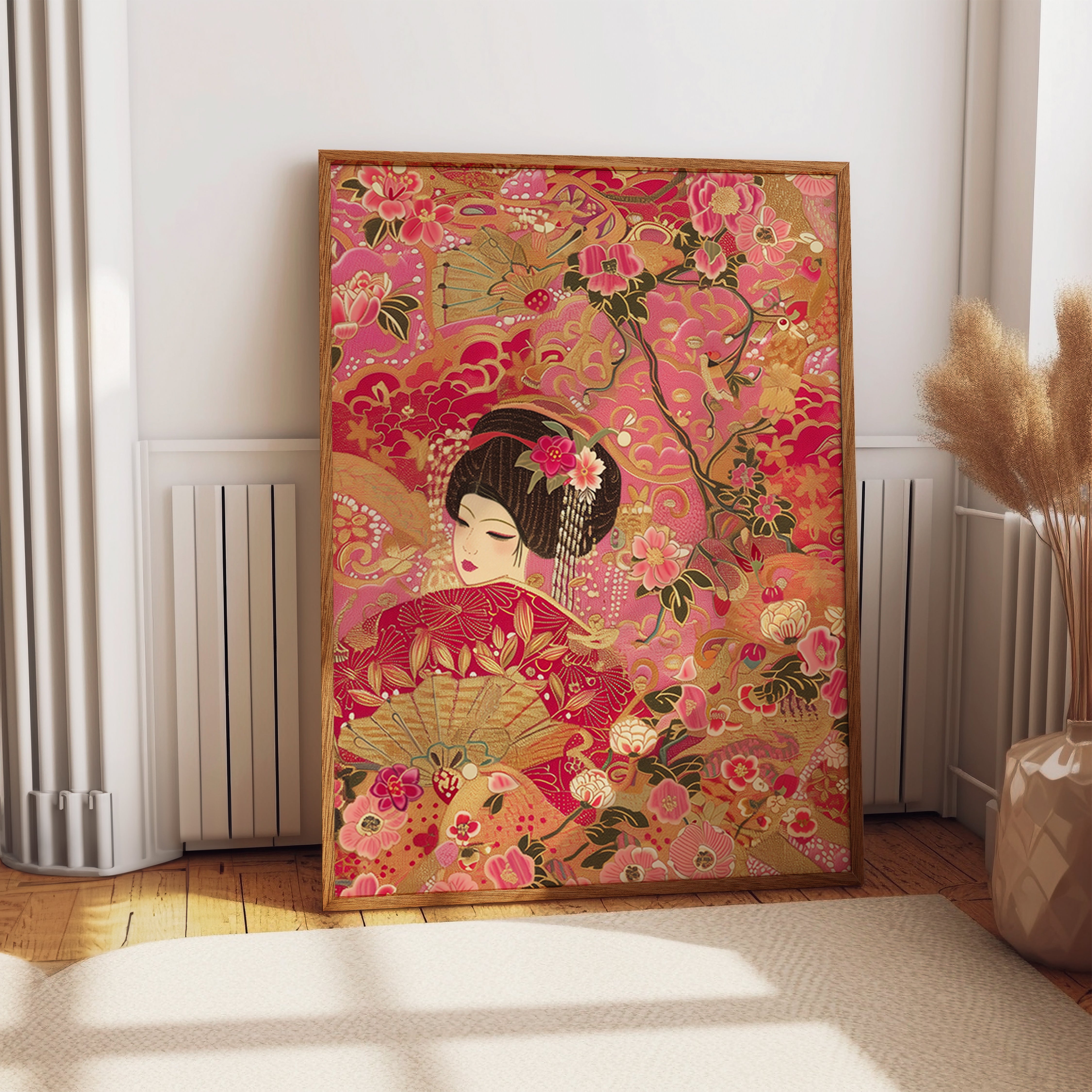 Ornamental Japanese Woman Floral Wall Art Print