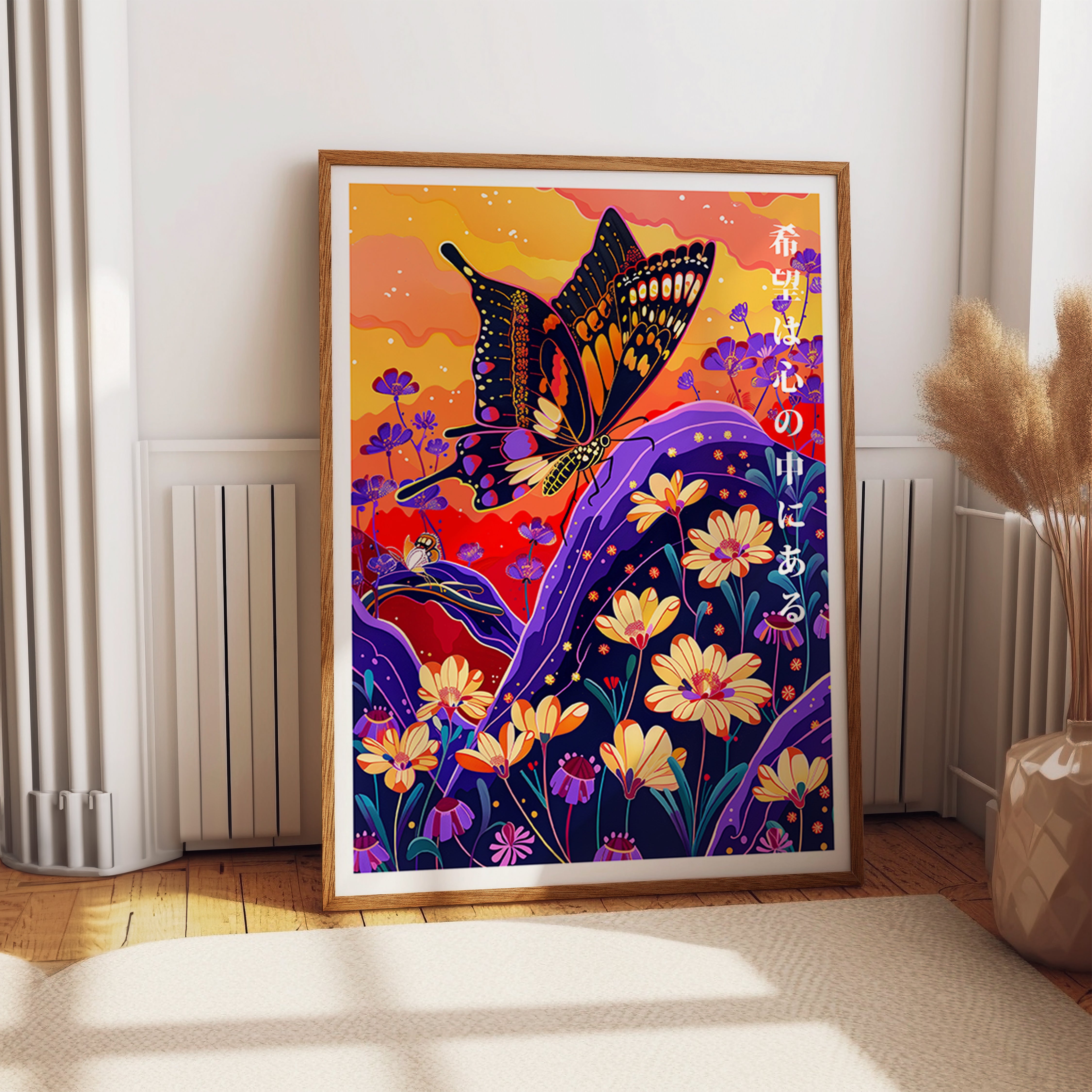Hopeful Flight Wall Art – Japanese Butterfly and Floral Landscape Poster Print
