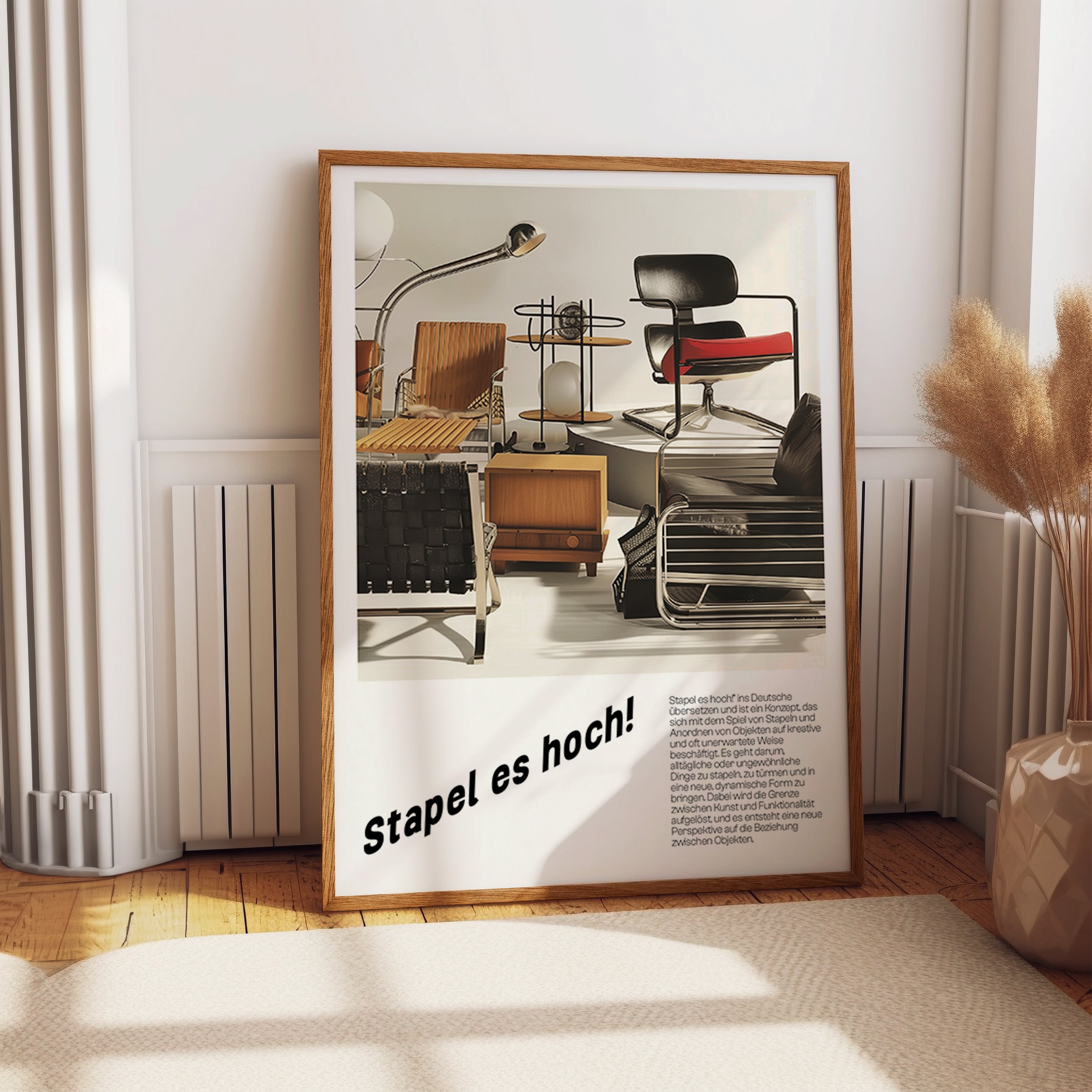 Stapel es hoch! Poster – Bauhaus-Inspired Composition of Stacked Modern Objects Print