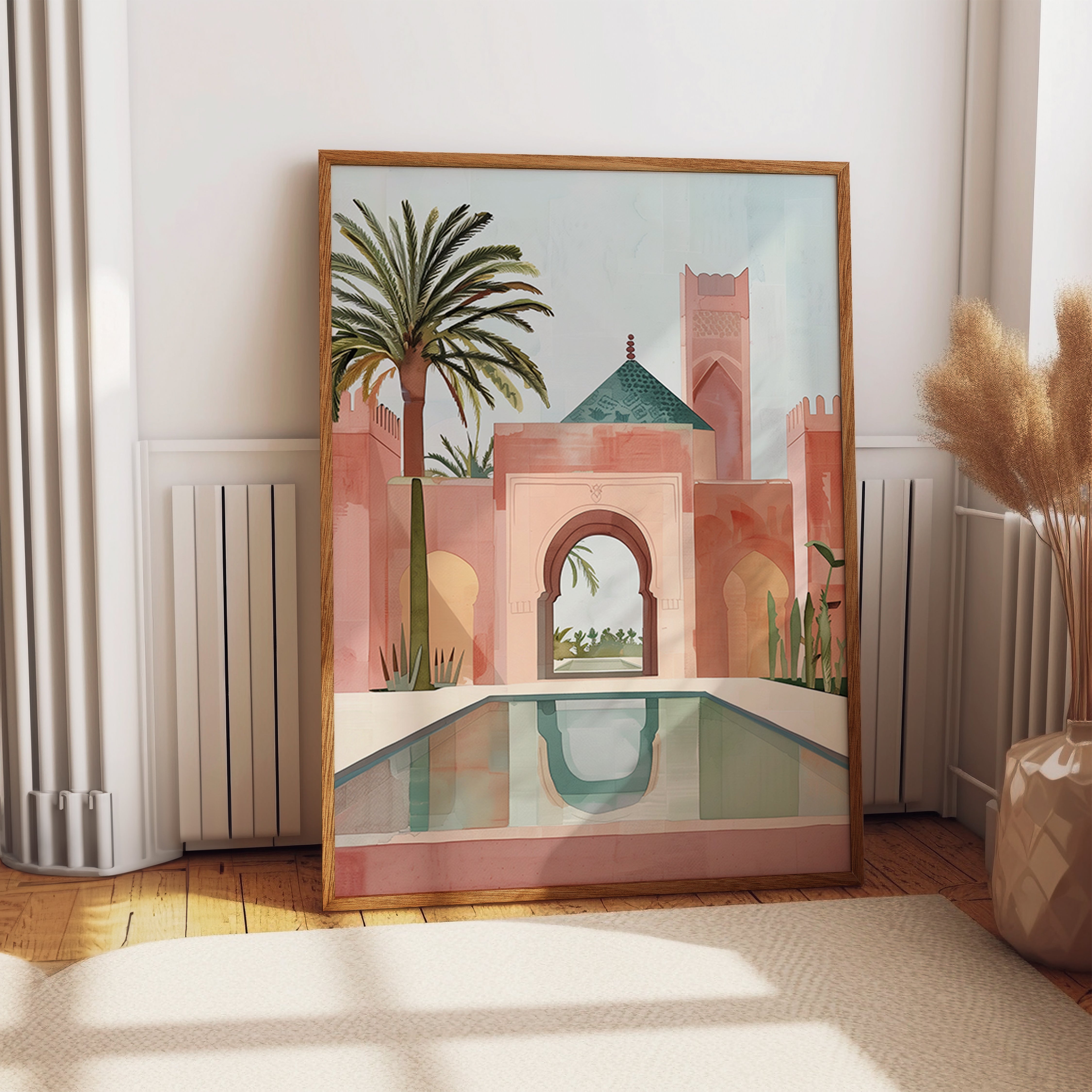 Pink Moroccan Arch Pool Courtyard Art Print