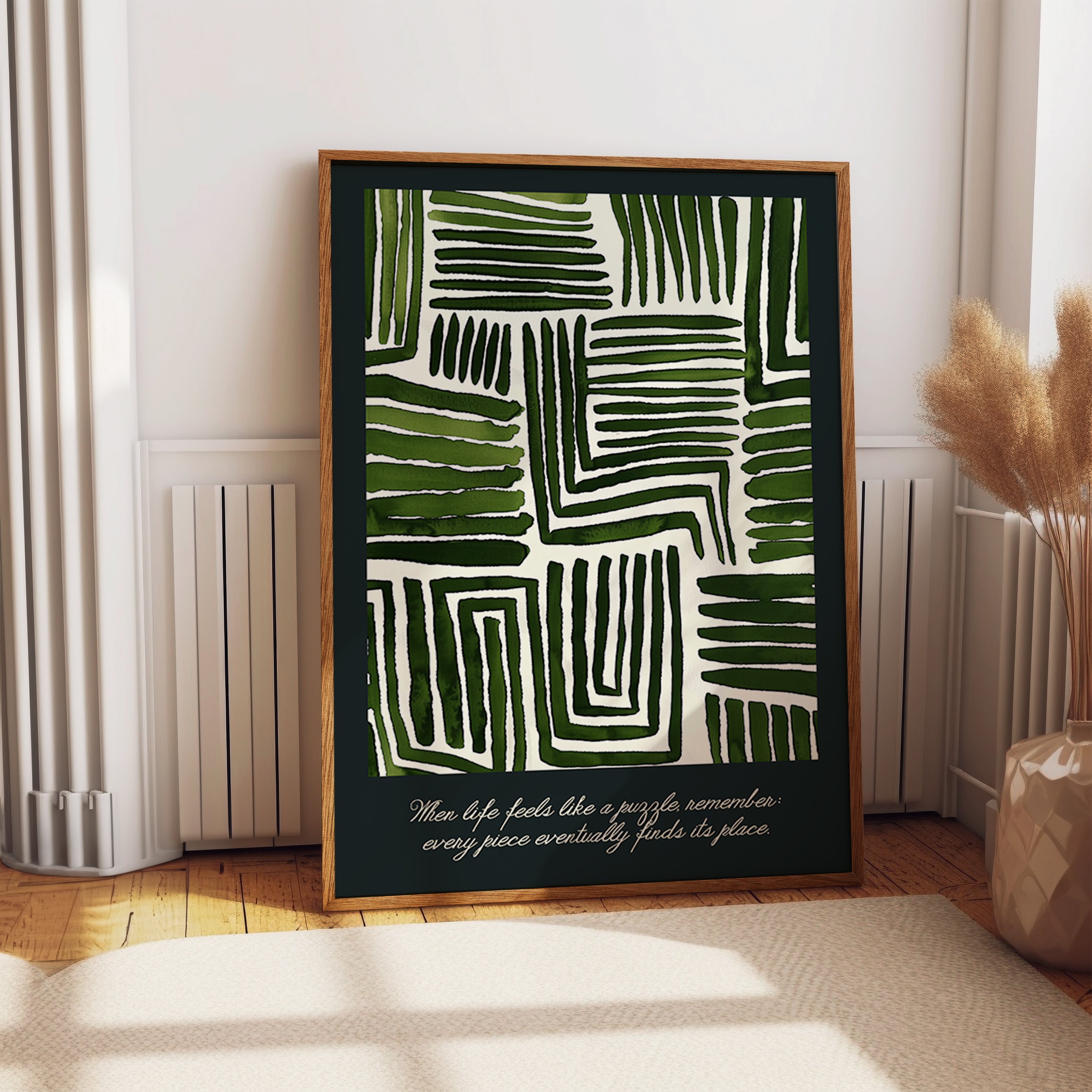 Deep Green Abstract Line Grid Pattern Print