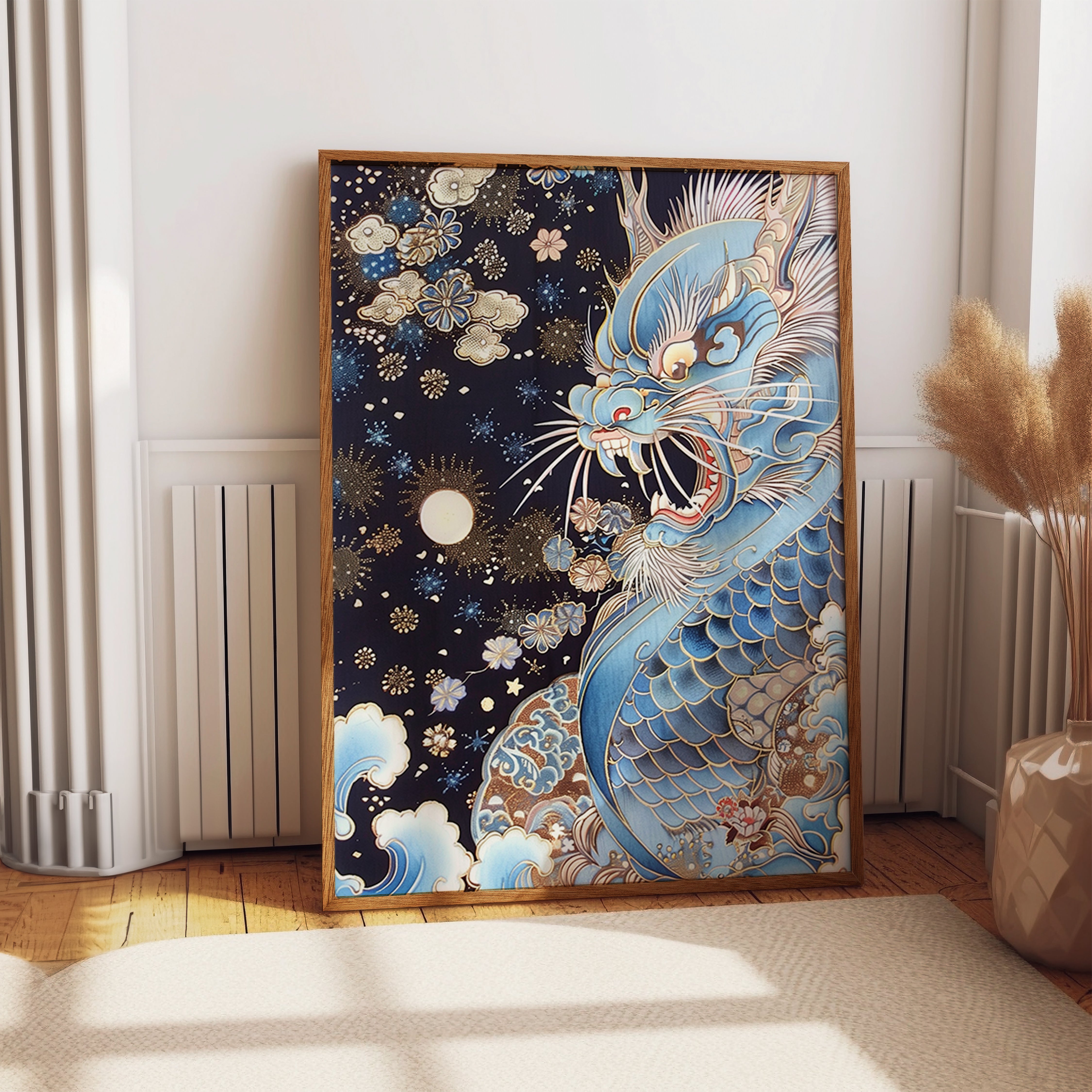 Celestial Azure Japanese Dragon Wall Print